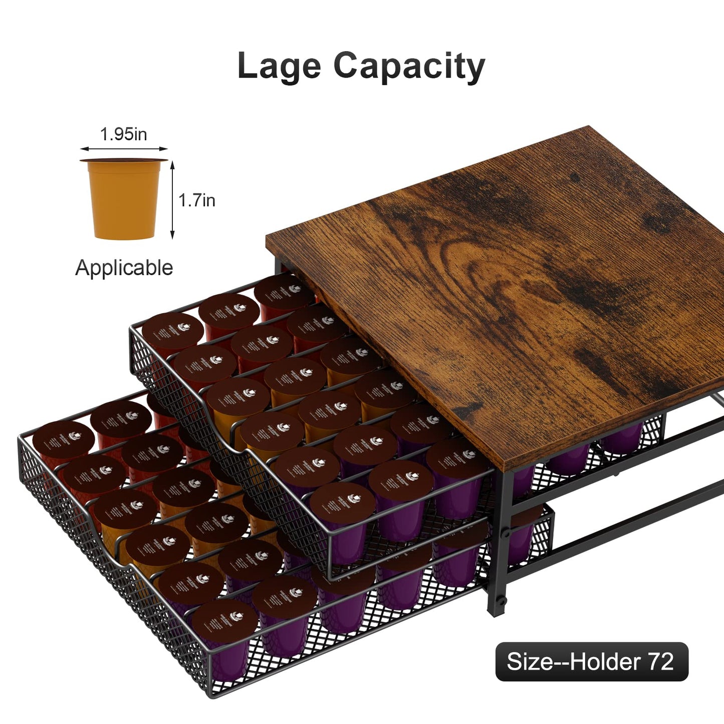 Coffee Pod Drawer K Cups Organizer 2-Tier Coffee Pod Storage Holder with Drawer Baskets 72 Capacity Coffee Capsule Storage Organizer Drawer, Industrial Brown and Black