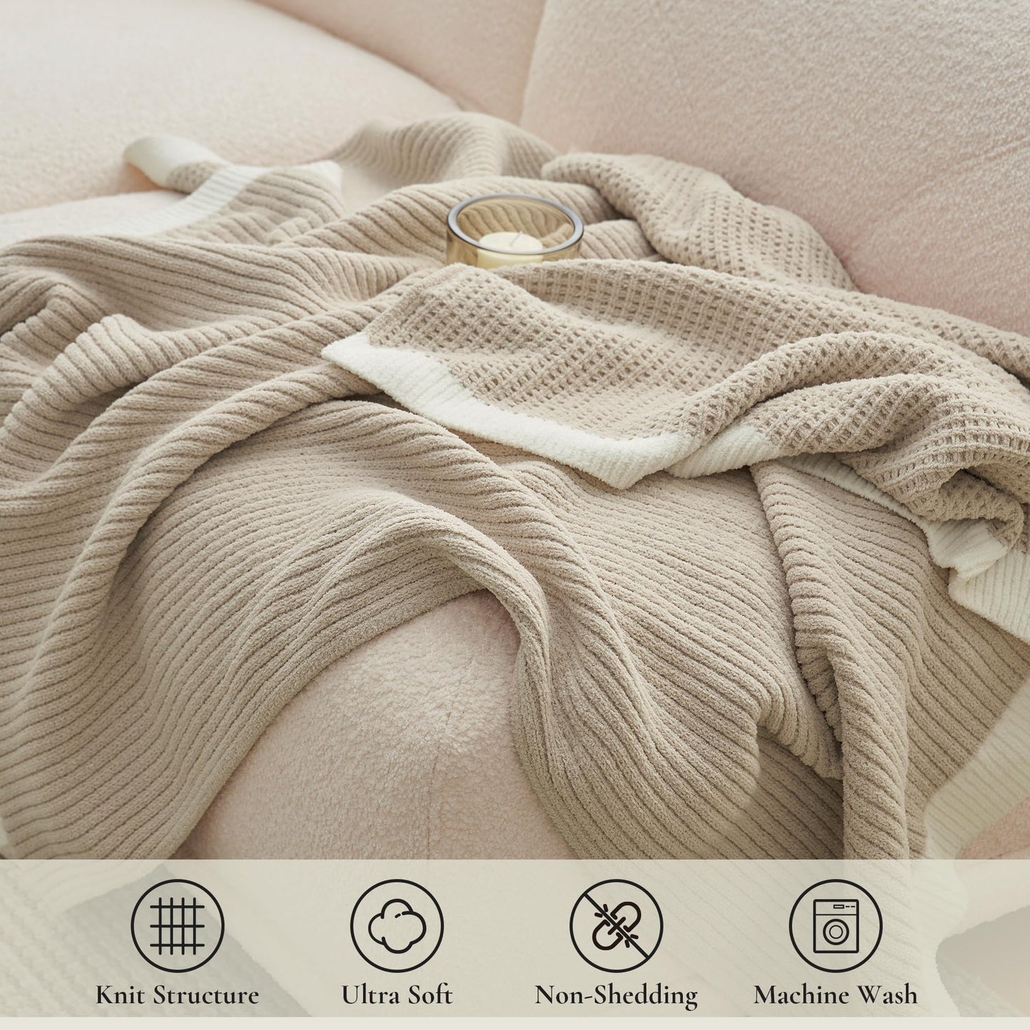 Amélie Home Chenille Throw Blanket, Soft Cozy Waffle Throw for Couch & Sofa, Warm Yet Lightweight, Breathable All-Season Throws for Women Men, Housewarming, Birthdays, 50"x60", Beige