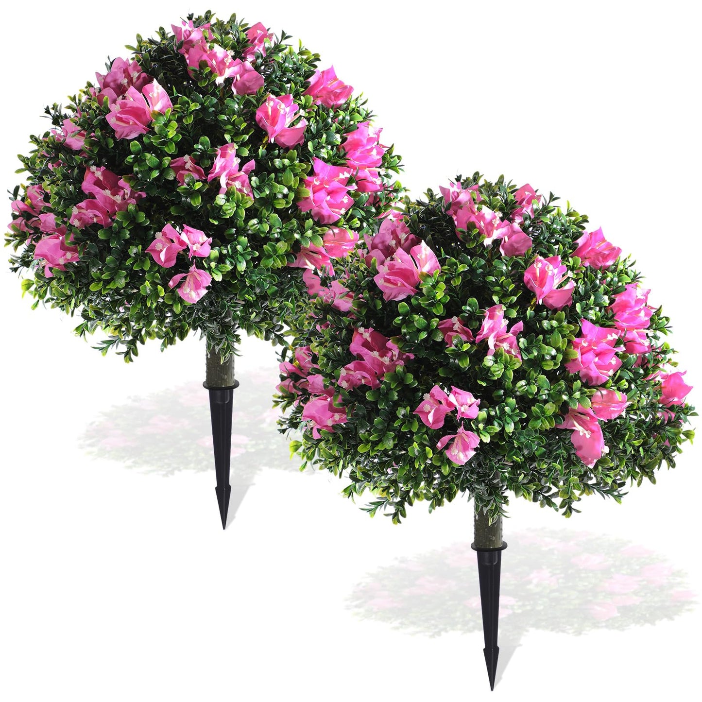 Yunlly 2 Pack 18" Artificial Boxwood Topiary Balls with Bougainvillea Flowers with Spikes, UV Resistant Faux Bushes Outdoor Plants Fake Shrubs for Garden, Yard, Front Porch, Patio Decor (Pink)