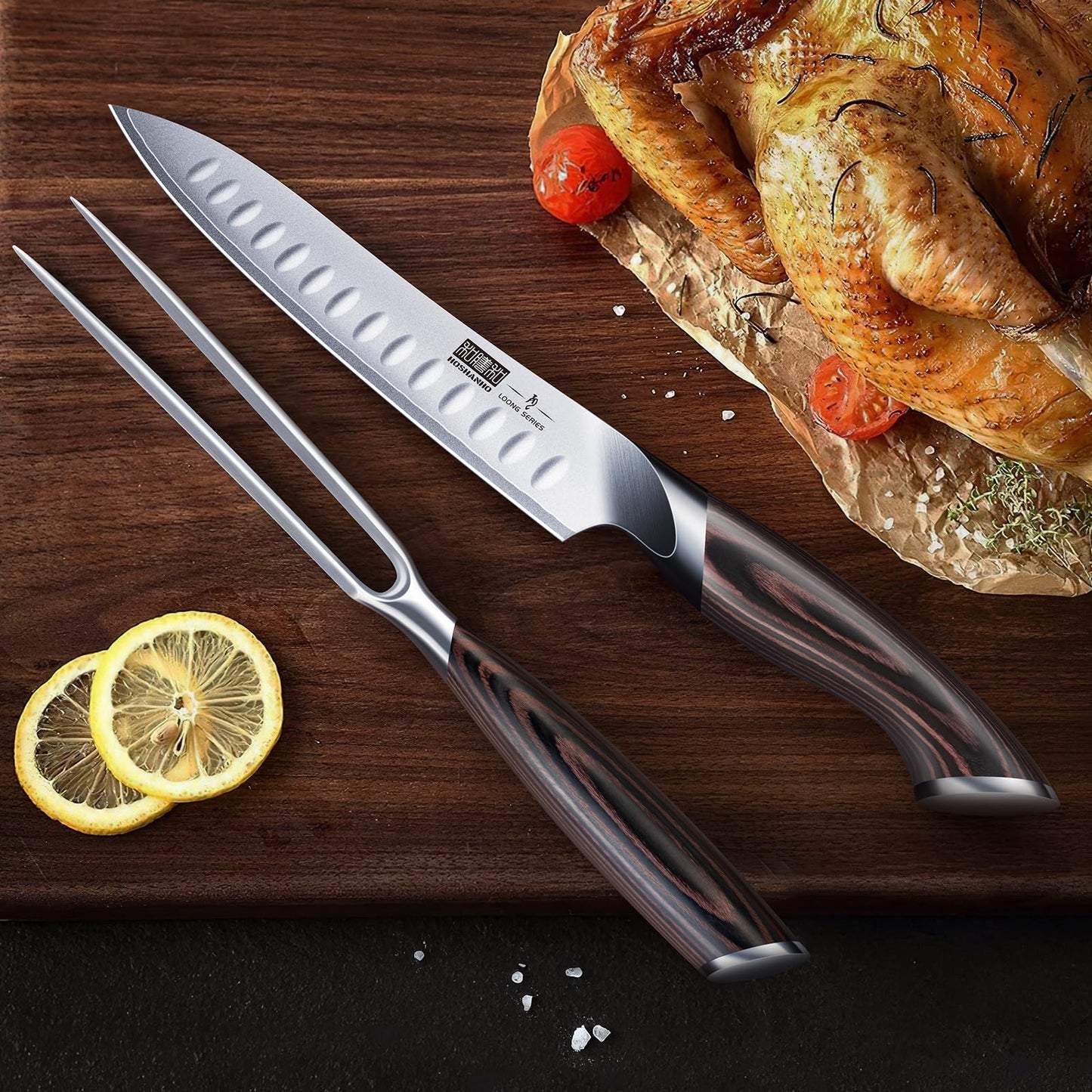 HOSHANHO 8 Inch Carving Knife & 7 Inch Fork Set, Professional Japanese High Carbon Steel Razor Sharp Butcher Brisket Slicing Knife Set for Meat Cutting, BBQ