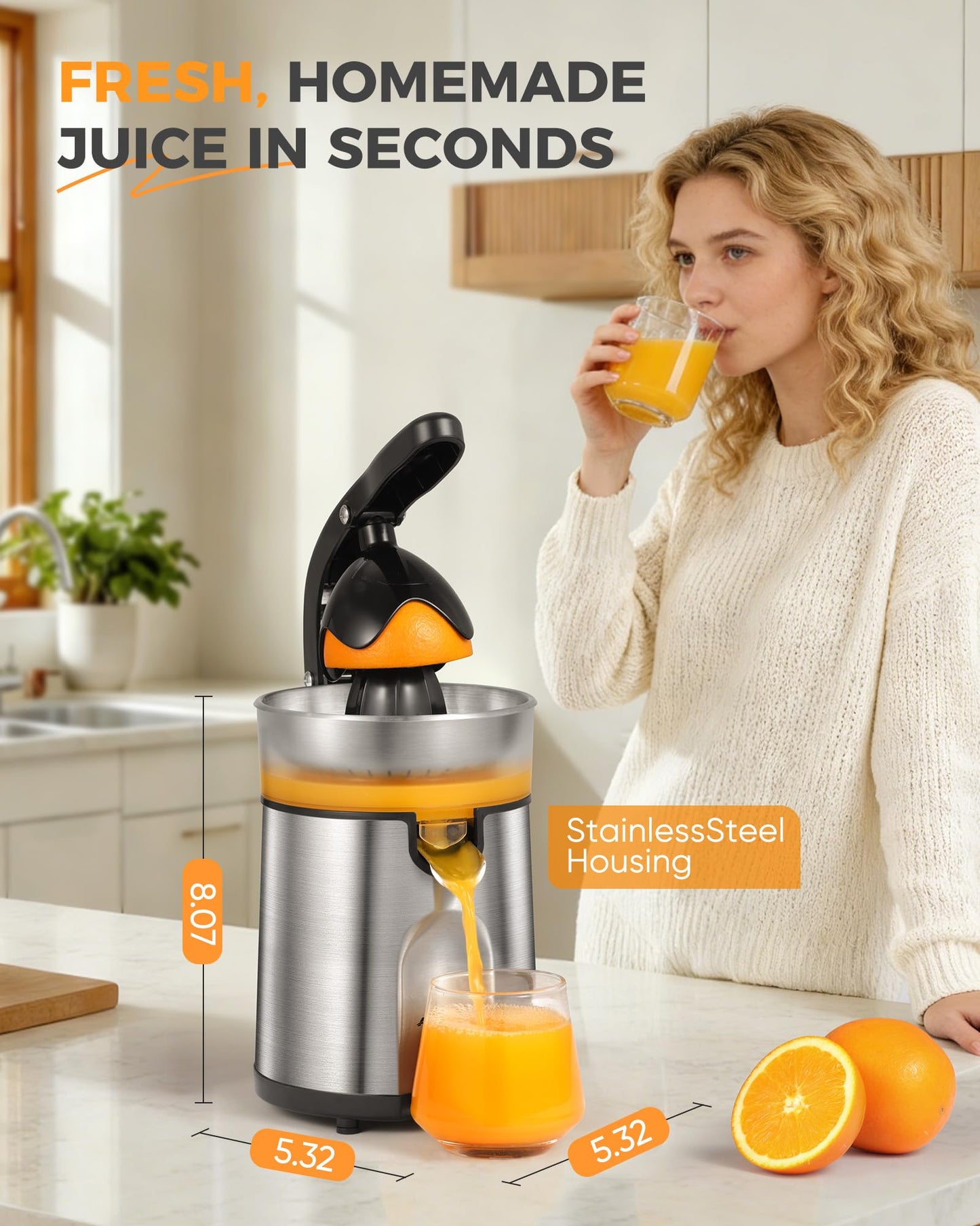 Amzpass Electric Orange Juicer, Citrus Juicer Squeezer with 2 Interchangeable Cones, 160W Electric Juicer Machine with Stainless Steel Body & Transparent Juice Collector for Lime Grapefruit Lemon