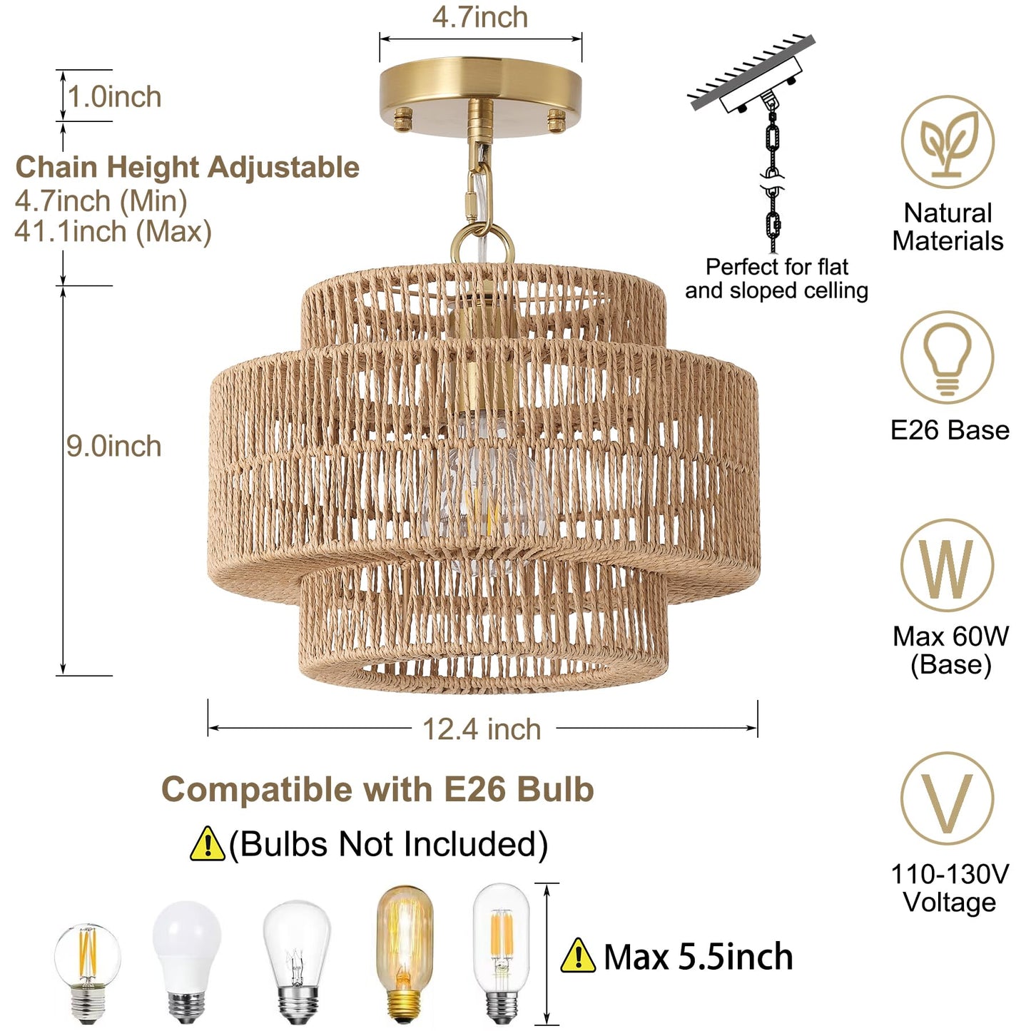 Giutna 12.4" Boho Rattan Farmhouse Chandeliers for Dining Room, Rattan Hand-Woven Rustic Drum Chandelier Pendant Light Fixture for Kitchen Island Bedroom Living Room Entryway Foyer