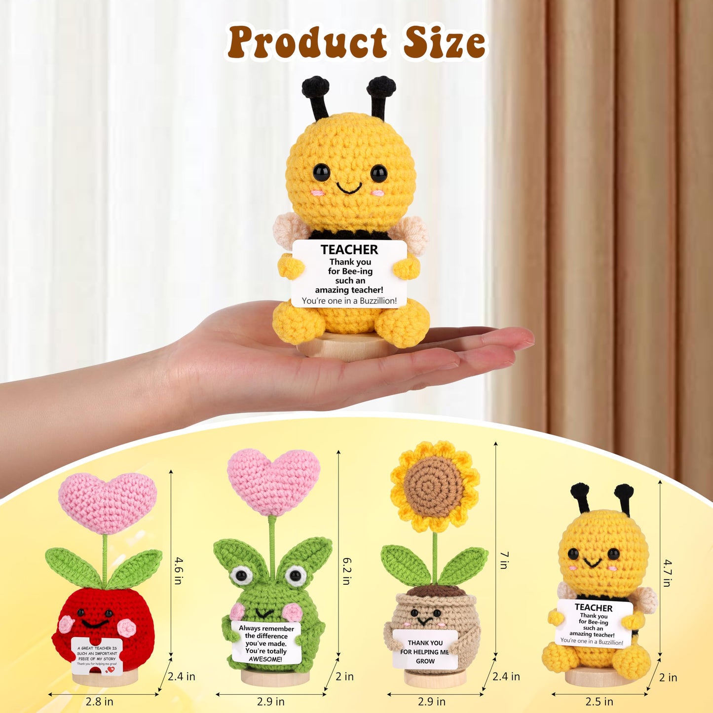 JoycuFF Teacher Appreciation Gifts in Bulk Positive Crochet Animals Teacher Gifts for Women Handmade Bee Frog Apple Sunflower Emotional Support Crochet Plants Gift for Teachers Coworker Friend Men