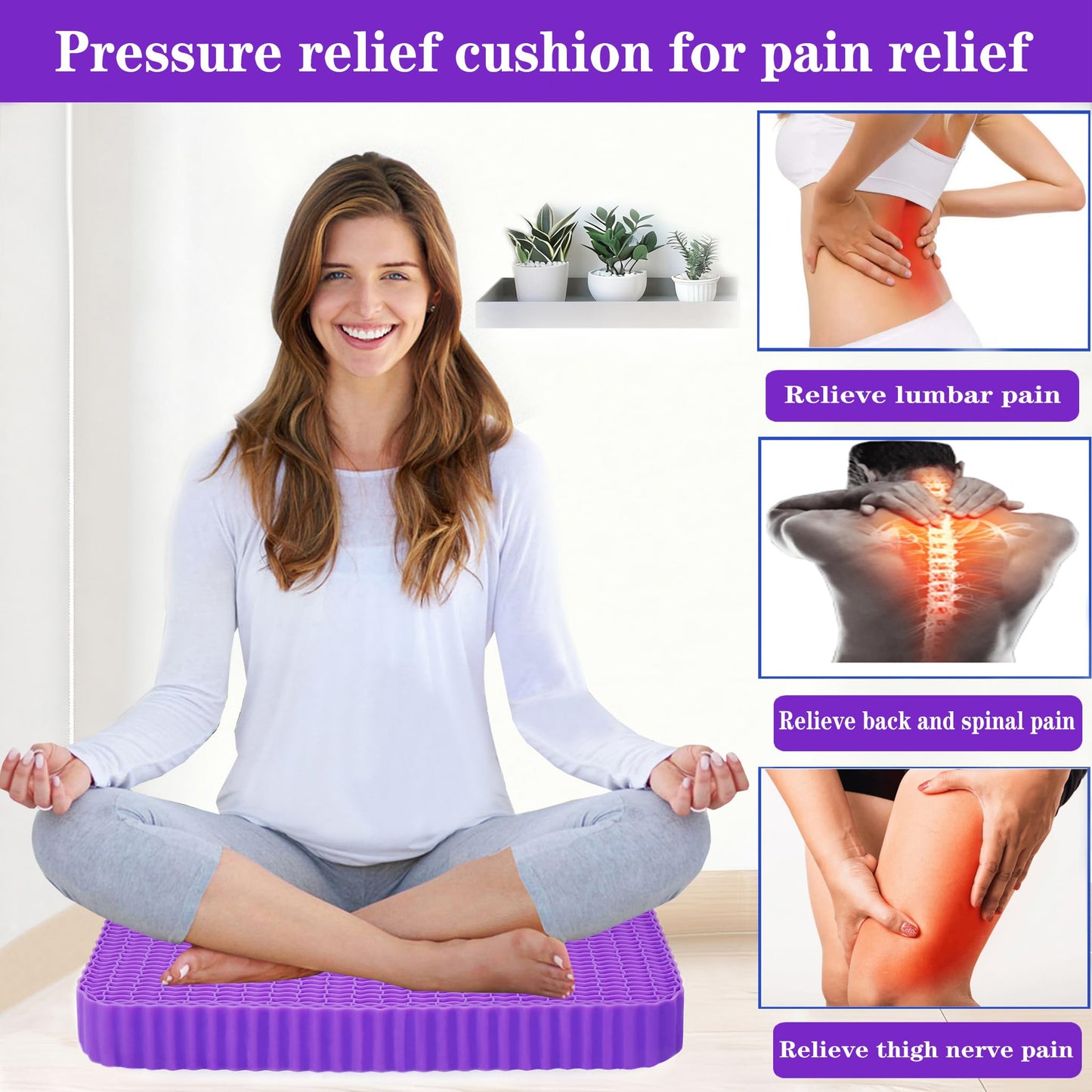 Innovative Gel Seat Cushion for Long Sitting, Soft and Breathable, Seat Cushion for Back, Sciatica, Hip, Tailbone Pain Relief, Used for The Office, Wheelchair, Recliner, Car, Stadium, Kayak.(Púrpura)
