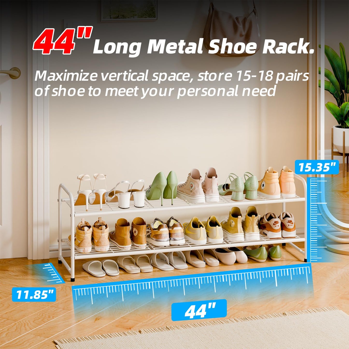 MWQ Shoe Rack for Closet, 2 Tier 44 Inch Extra Wide Shoe Storage Organizer for Shelves, Heavy Duty Metal, Easy Assembly, White
