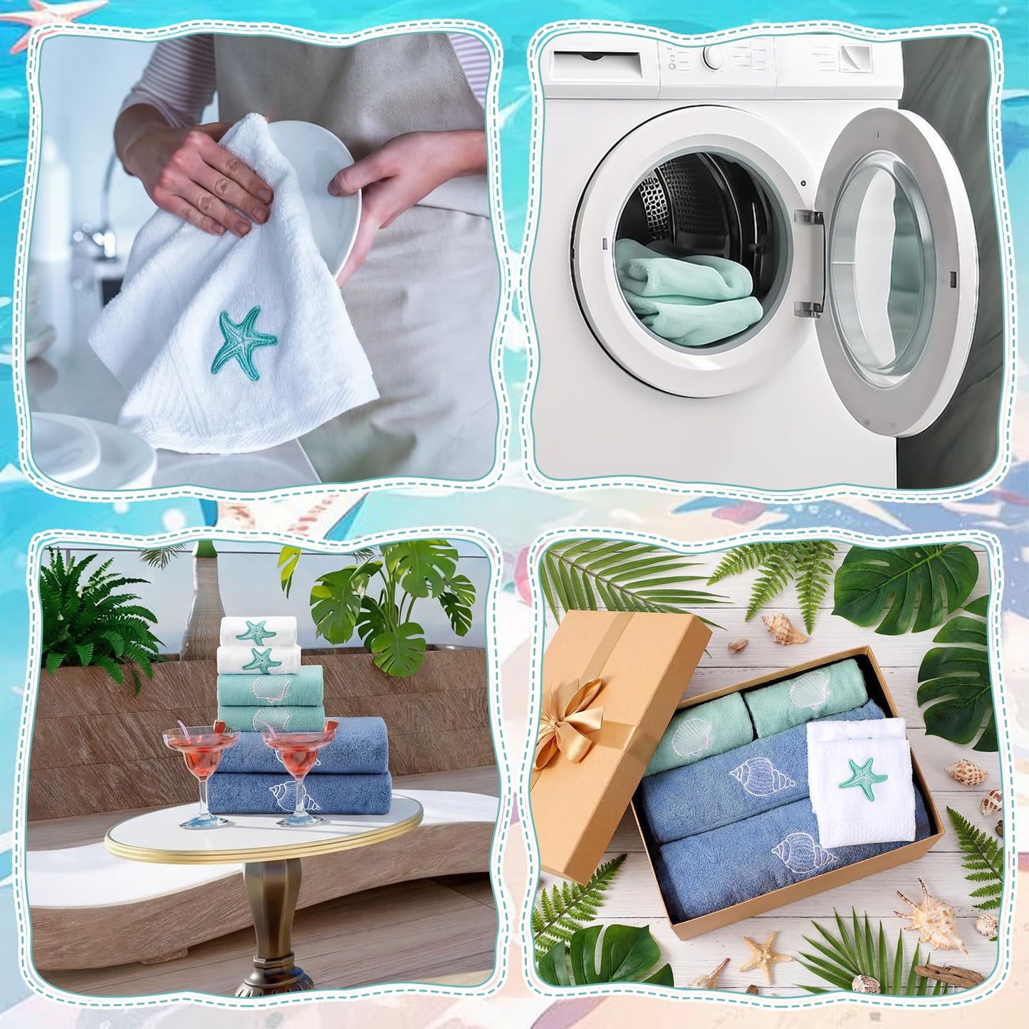 Lumina Garden 6 Pcs Coastal Ocean Beach Hand Towel Set 2 Bath Towels, 2 Hand Towels, 2 Washcloths with Conch Shell Starfish Design Decorative Summer Embroidered Towel for Bathroom Shower Kitchen