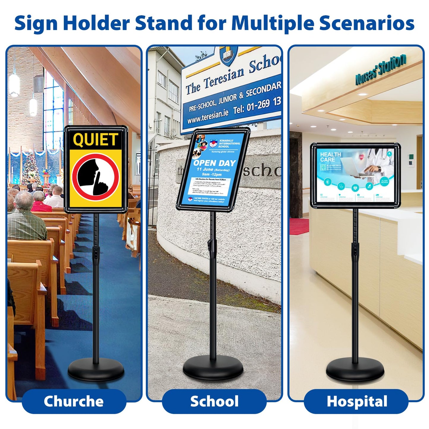 VAIIGO 2-Pack 8.5x11 Inch Adjustable Sign Stand & Floor Standing Sign Holder - Pedestal Poster Stand with Vertical & Horizontal View Display for Indoor/Outdoor Business & Store Signage (Black)