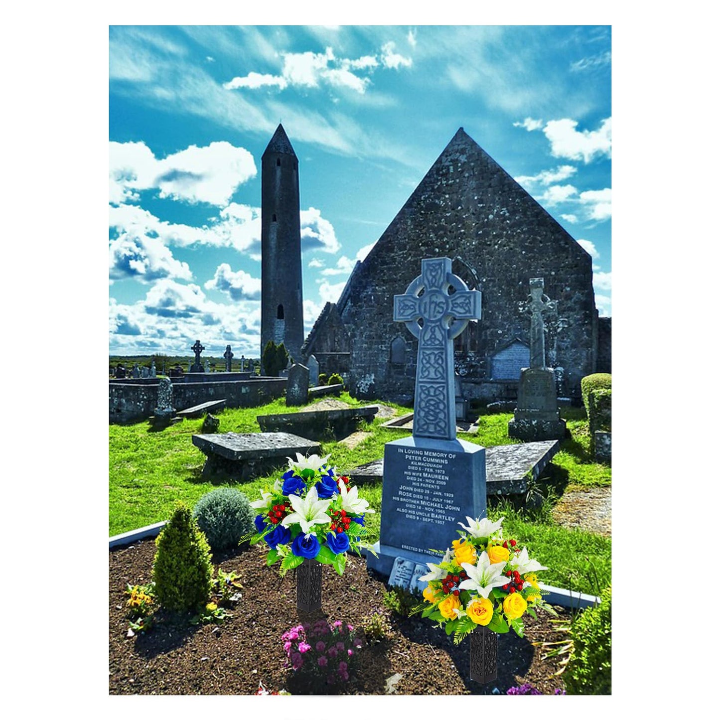 RUMEAVAO 2 Sets Artificial Silk Cemetery Flowers, Memorial Flowers for Gravesite, Blue & Yellow Roses Lily Bouquet, Memorial Day Mother's Day Grave Decorations