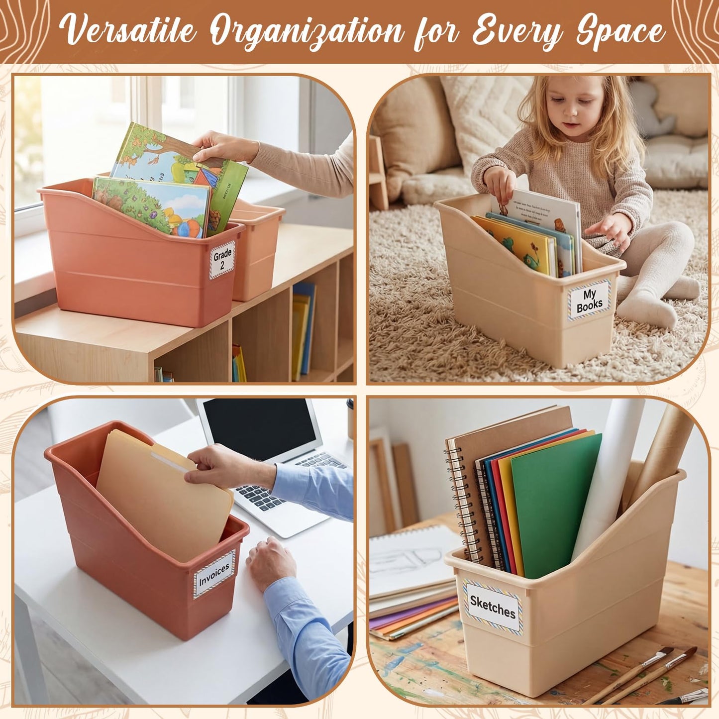 Blosssound 6 Set Book Bins for Classroom with Label Sticker Book Box Baskets Plastic Stackable Organizing Bins Storage & Organization for Classroom Library Home School Supplies (Earth Tones)