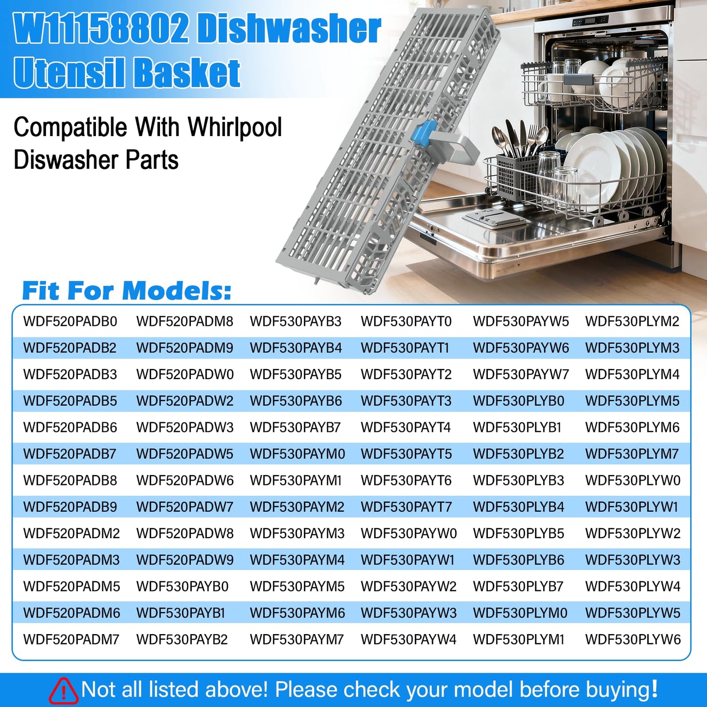 UPGRADED W11158802 Dishwasher Silverware Basket Compatible with Whirlpool Dishwasher Silverware Basket Parts 8535075 Utensil Basket W10360461 W10629541 PS12347808 WDF520PADM0 WDF730PAYM0