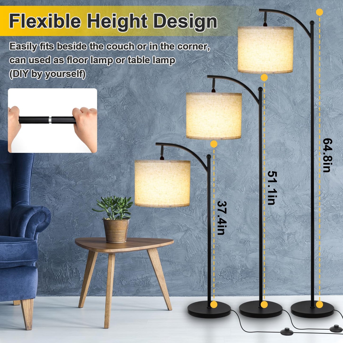 LALISU Modern Floor Lamp, 3-Ways Dimmable Standing Lamp with Linen Shade, Adjustable Height, Foot-Step Switch, Reading Lamp for Living Room, Bedroom, Office, 9W Bulb Included (Black)