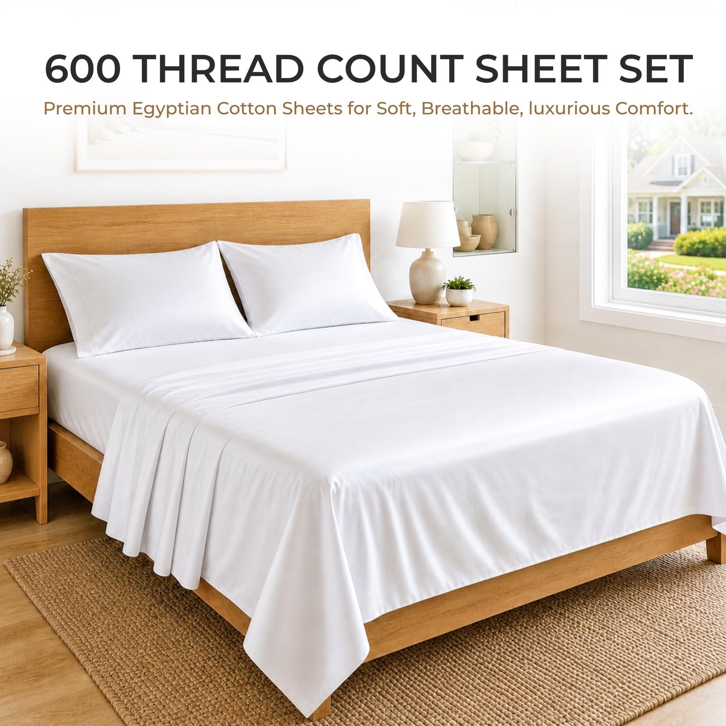 SGI bedding Queen Sheet Set – 100% Egyptian Cotton Sheets for Queen Size Bed, 600 Thread Count Sateen Weave, Cooling & Breathable, 15" Deep Pocket, Hotel Luxury Soft Bed Sheets Set, White