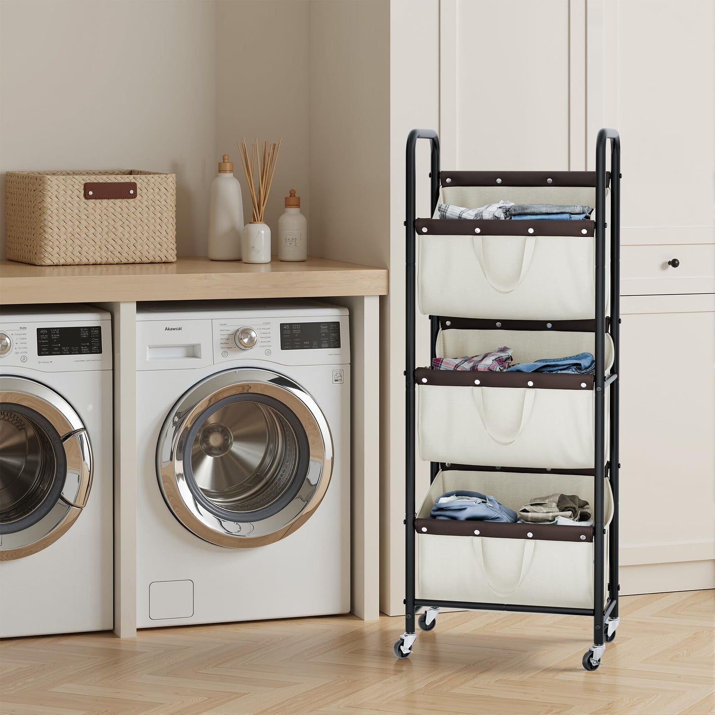 GRANNY SAYS 3 Tier Laundry Sorter, Laundry Basket with Wheels, Laundry Room Organization and Storage, 3 Section Rolling Laundry Cart for Dorm, Bathroom, Bedroom, Closet, Beige