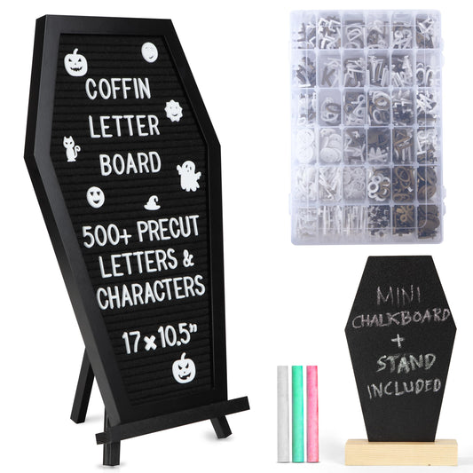 Manny's Mysterious Oddities Coffin Letter Board with Mini Coffin Board- Gothic Wedding Decor - Spooky 17x10.5 inches Felt Letter Board with 500 Precut Characters & Emojis