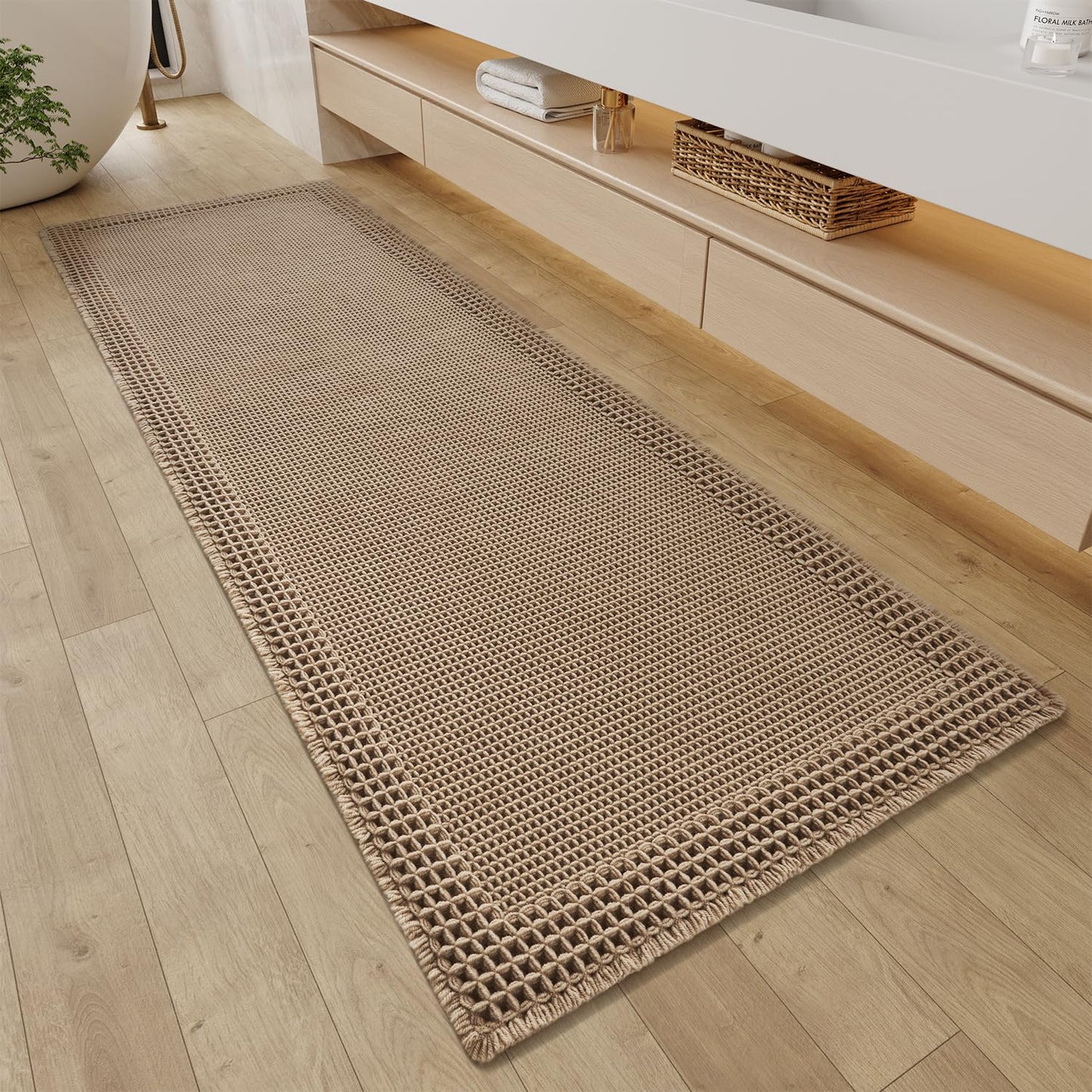 RESARE Waffle Bathroom Runner Rugs, Super Absorbent Bath Mat Non Slip Washable Quick Dry, Upgraded Ultra Soft Boho Bath Rugs with Tassels, Farmhouse Home Decor Accessories, 2'x5'(24"x60") Brown