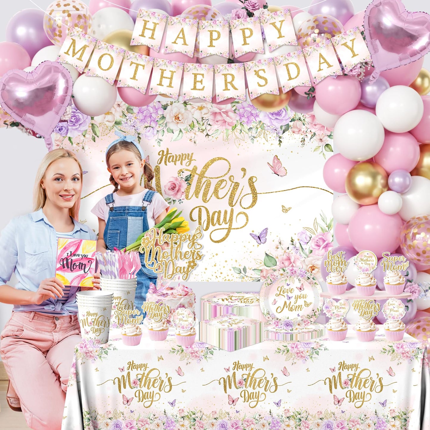 259Pcs Mothers Day Decorations for Party - Purple and Pink Floral Happy Mother's Day Paper Plates and Napkins Mothers Day Balloon Arch,Banners,Cake Toppers for Best Mom Ever Party Favor 24 Guests