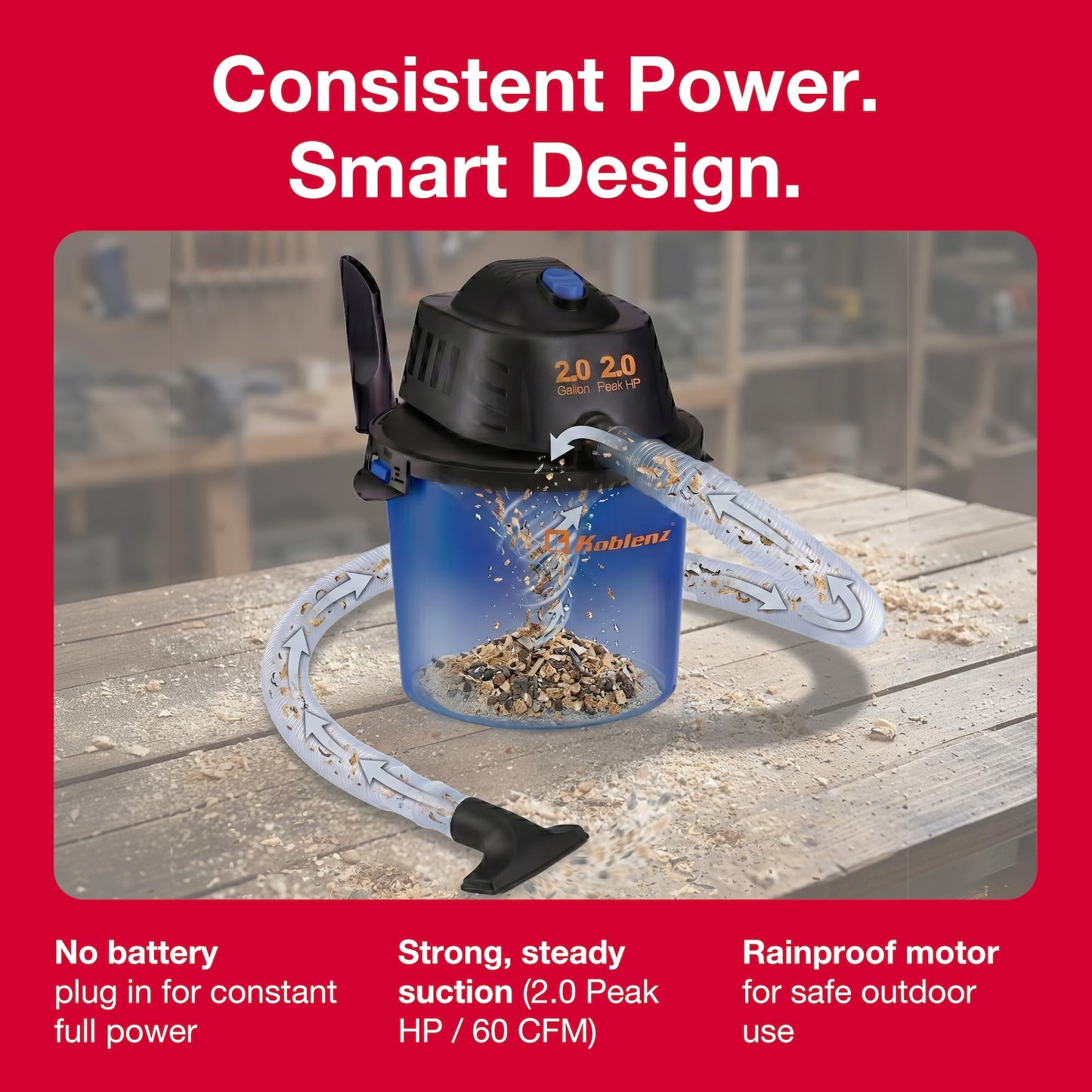 Koblenz Wet Dry Vacuum Cleaner, 2 Gallon 2.0 PHP, 60 CFM, 10 ft Reach, Twist-N-Lock Hose, Small Shop Vac, Portable Shop Vac for Home Car Garage Workshop, Accessories Included, Blue/Black, WD-2L