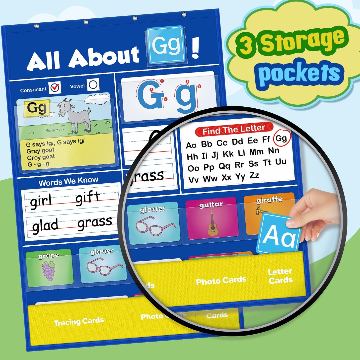 SkilLify Alphabet Learning Pocket Chart, Circle Time Learning Center Alphabet Flash Cards ABC Wall Chart Letter Game for Toddler Kids Homeschool Supplies Preschool Kindergarten Classroom Must Haves