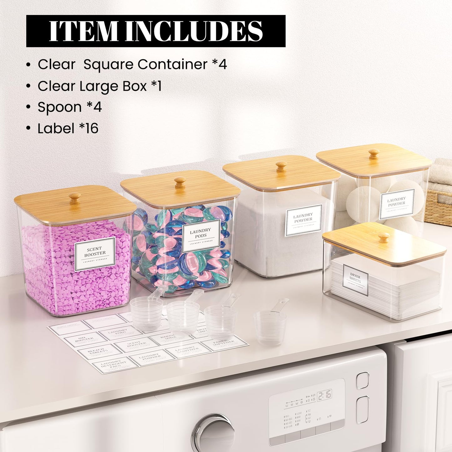 4+1 Pack Laundry Room Organization Containers,Clear Laundry Pods Container,Large Laundry Detergent Powder Storage Containers with Wooden Lids & Labels,Laundry Pods Holder for Scent Booster,Powder,Pods