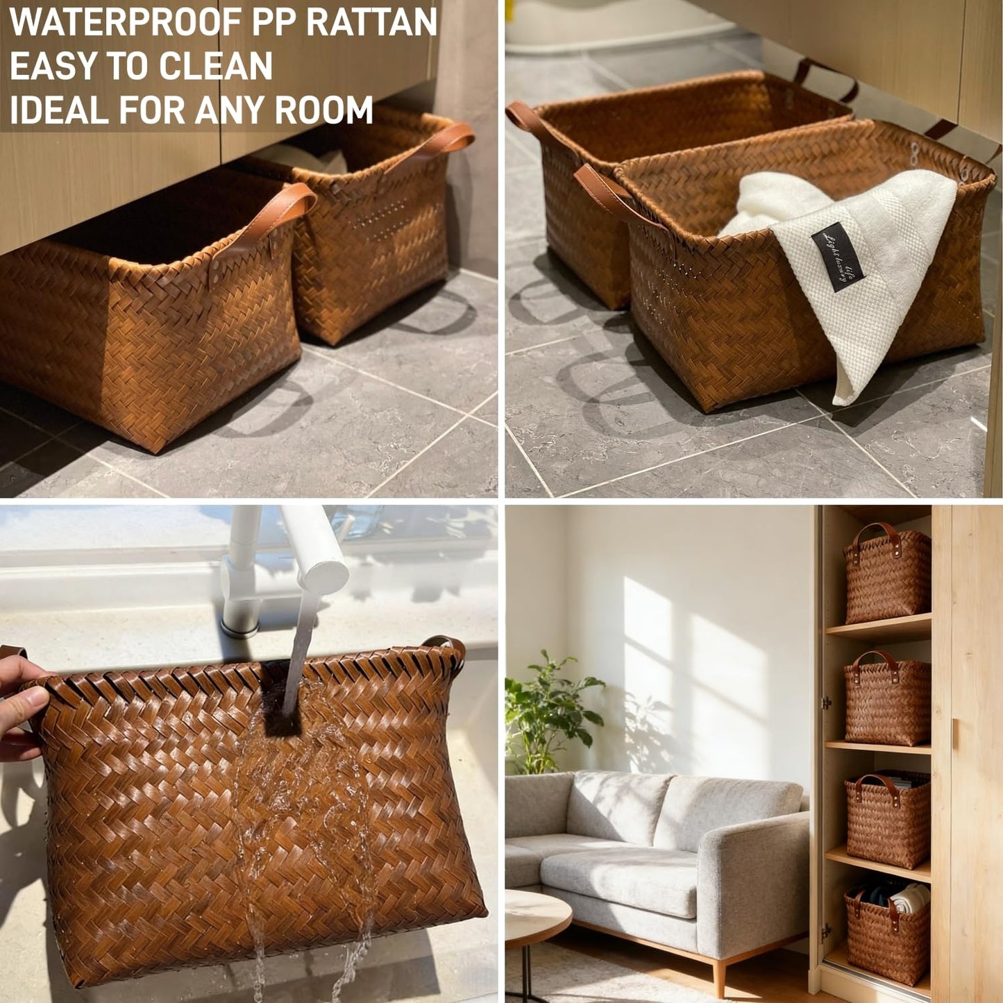 GIB Large Wicker Storage Baskets for Shelves, Woven Baskets for Organizing Blanket Clothes, Laundry Closet Storage Bins Organizer with Handles, Brown, 4 Pack