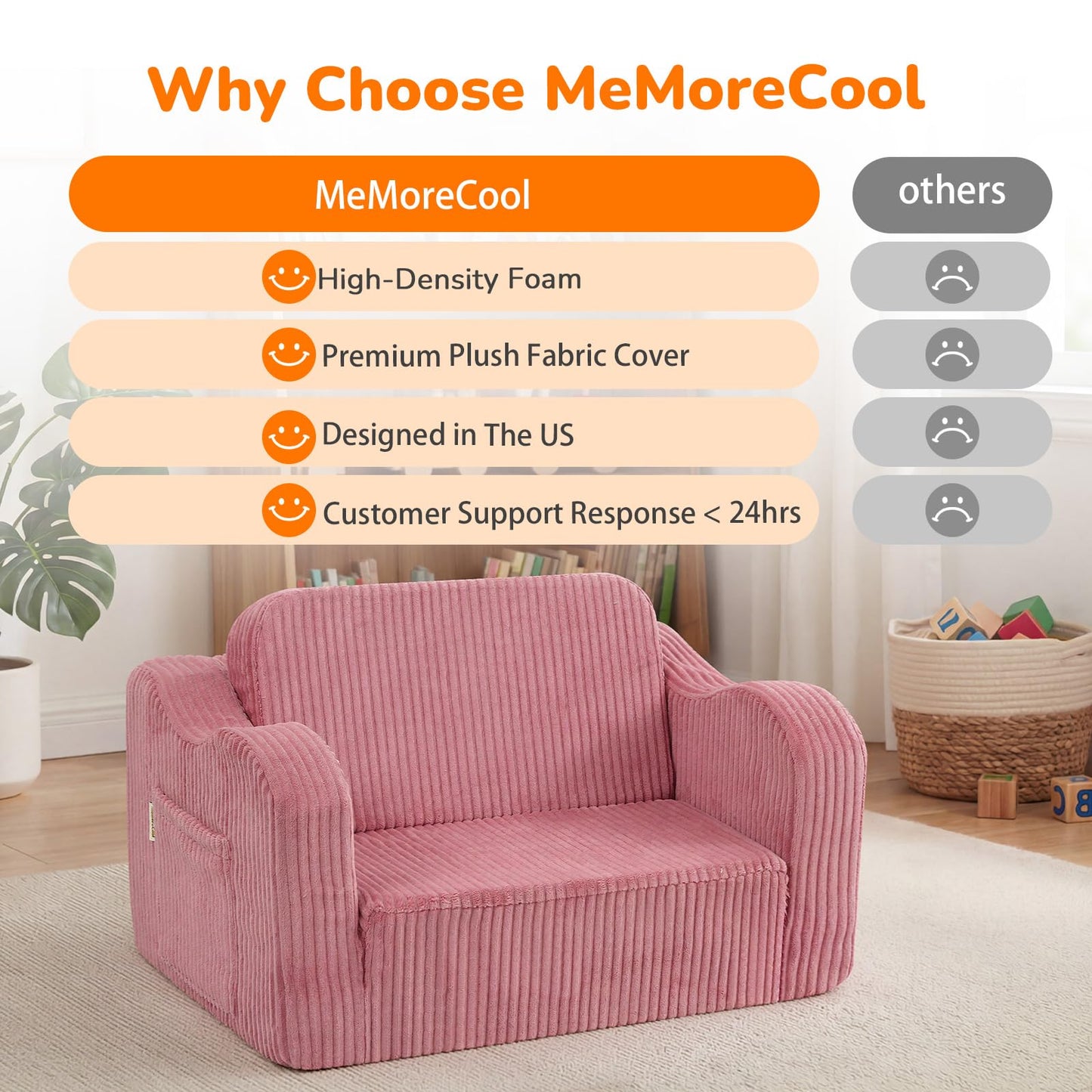 MeMoreCool Corduroy Pink Kids Chair, 2-in-1 Kids Couch Fold Out to Lounger for Girls, Comfy Foam Sofa for 1-3 Year Old with Washable Cover for Playroom and Bedroom