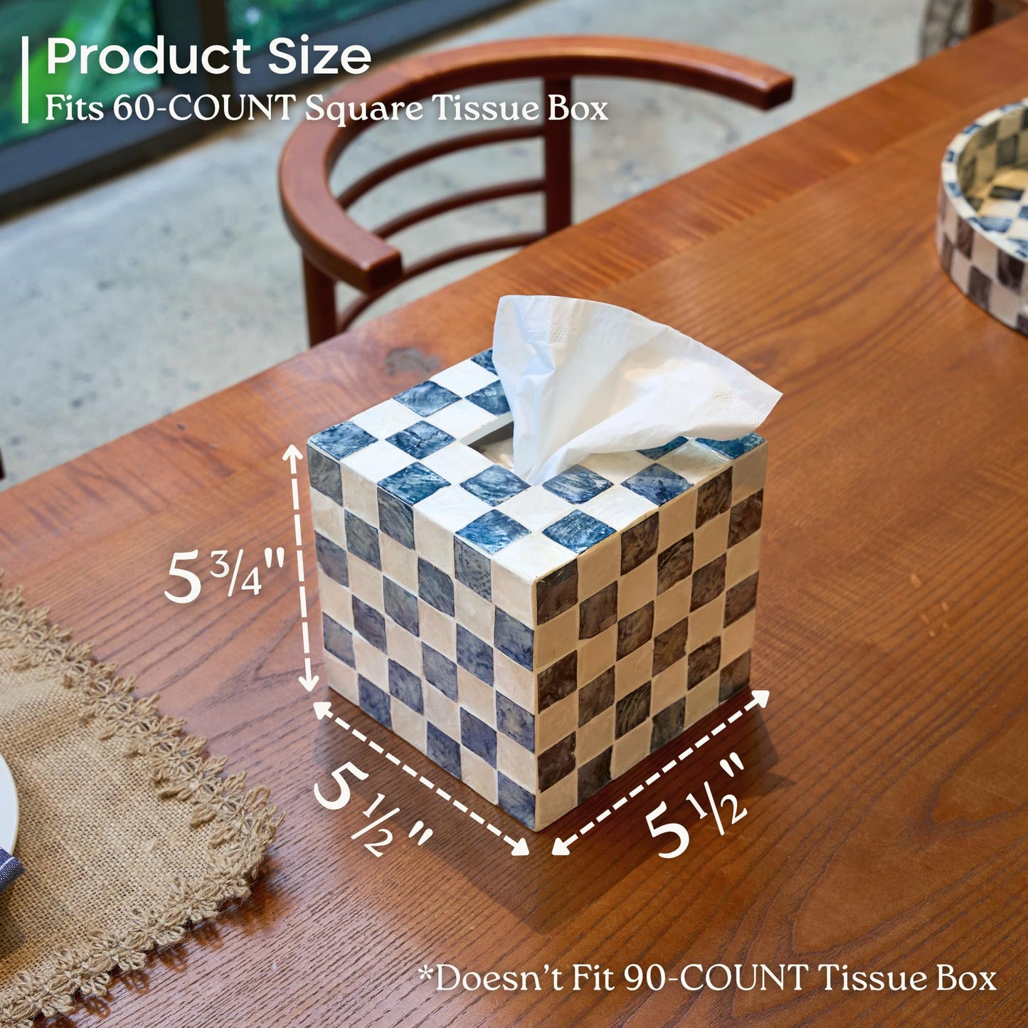 CHI AN HOME 5.7" Square Tissue Box Cover, Handmade Checkered Cube Tissue Box Cover with Capiz Shells, Decorative Mother of Pearl Tissue Holder for Living Room, Bathroom, Bedroom or Office (Navy Blue)