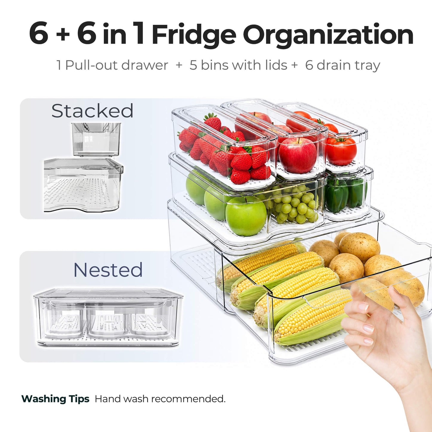SMRCAD 6 Pack Refrigerator Organizers, Clear Pull-out Drawer Container and Organizer Bins with Lids, Stackable Storage Containers for Fruits, Vegetable (Set of 6 (Include Pull Out Drawer))