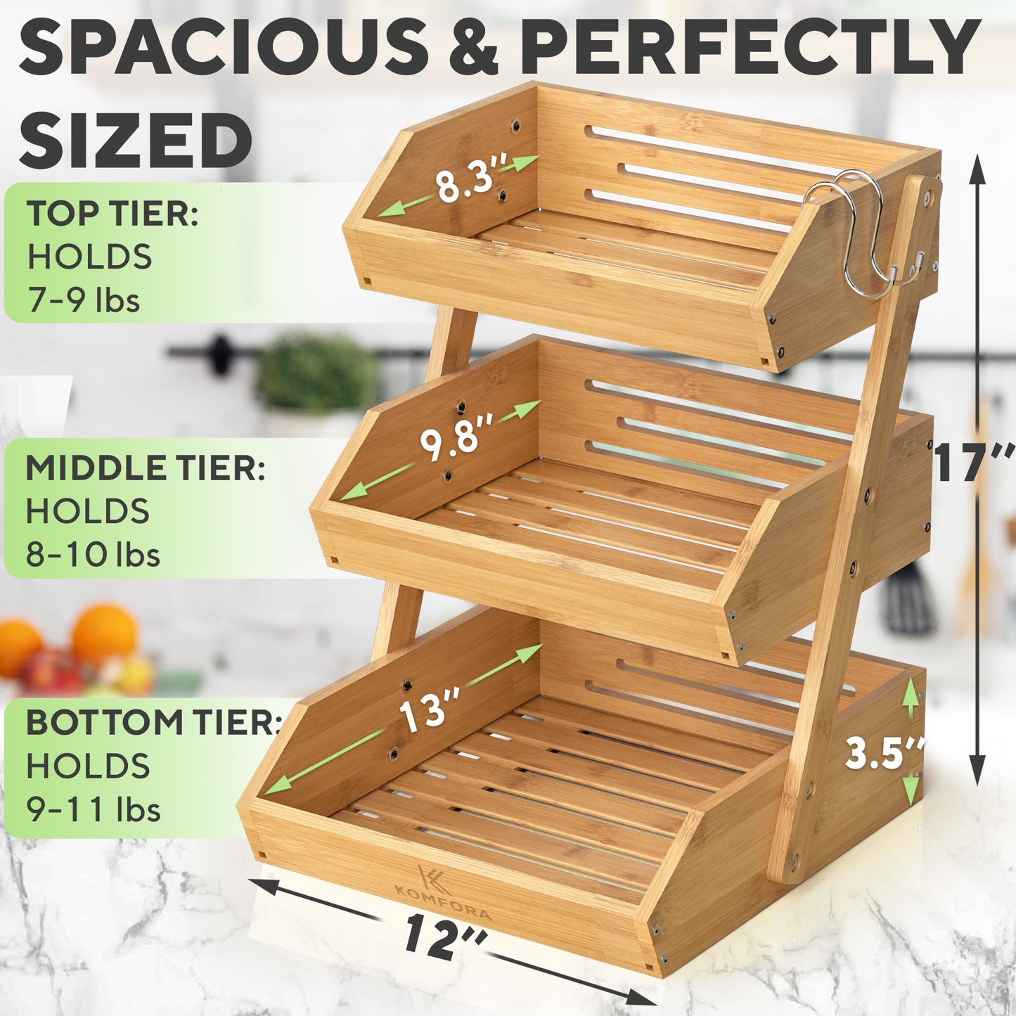 KOMFORA Bamboo Fruit Basket 3-Tier - Premium Produce Basket for Kitchen w/ 2 Hangers - Durable & Easy to Assemble Stand for Countertop - Perfect Holder for Vegetables, Bread, Snacks & More