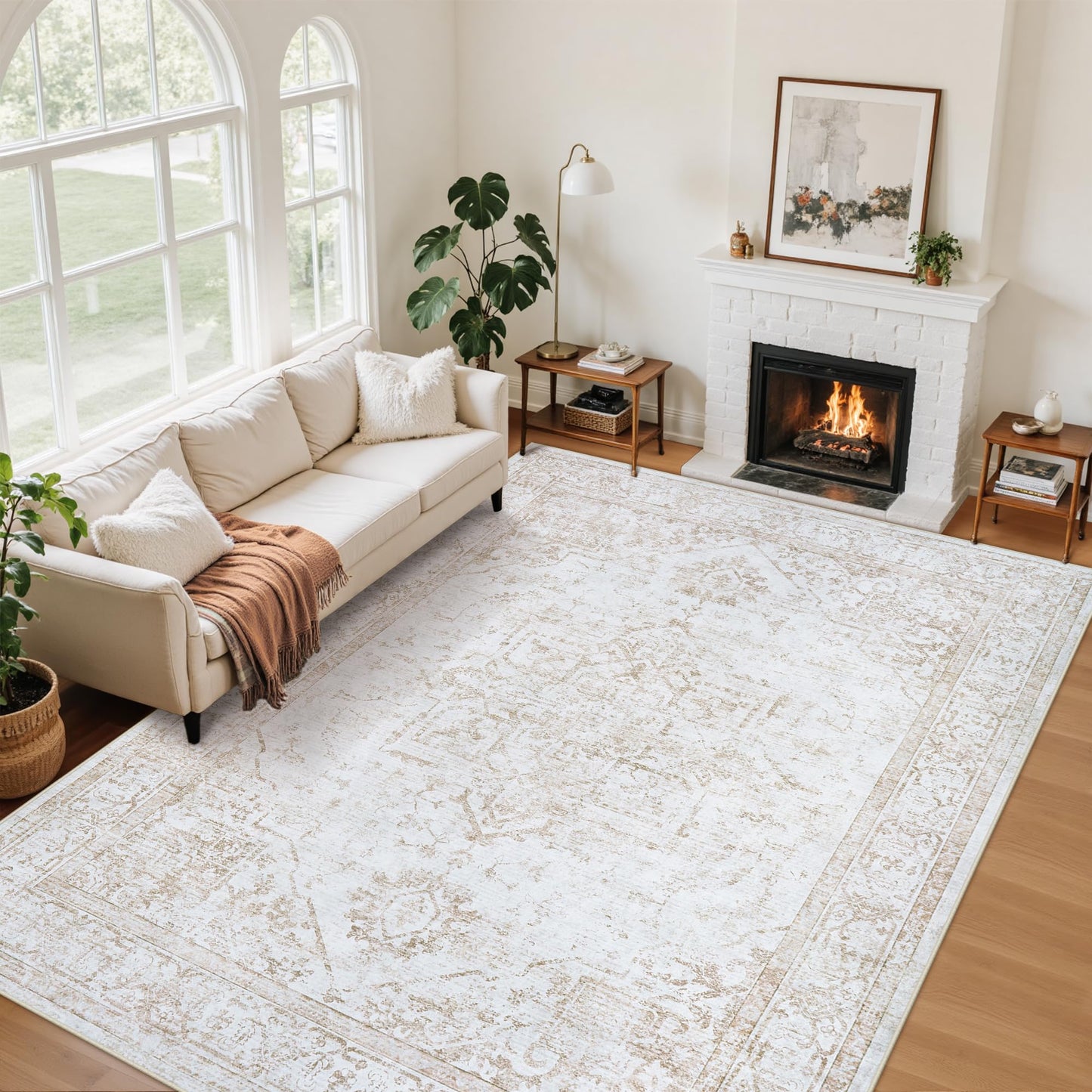 Area Rug 6x9 Living Room Rug Washable:No-Slip Vintage Medallion Rug Soft Low Pile Large Beige Rugs Indoor Retro Carpet for Living Room Kitchen Nursery Dining Table Office (Beige, 6'x9')