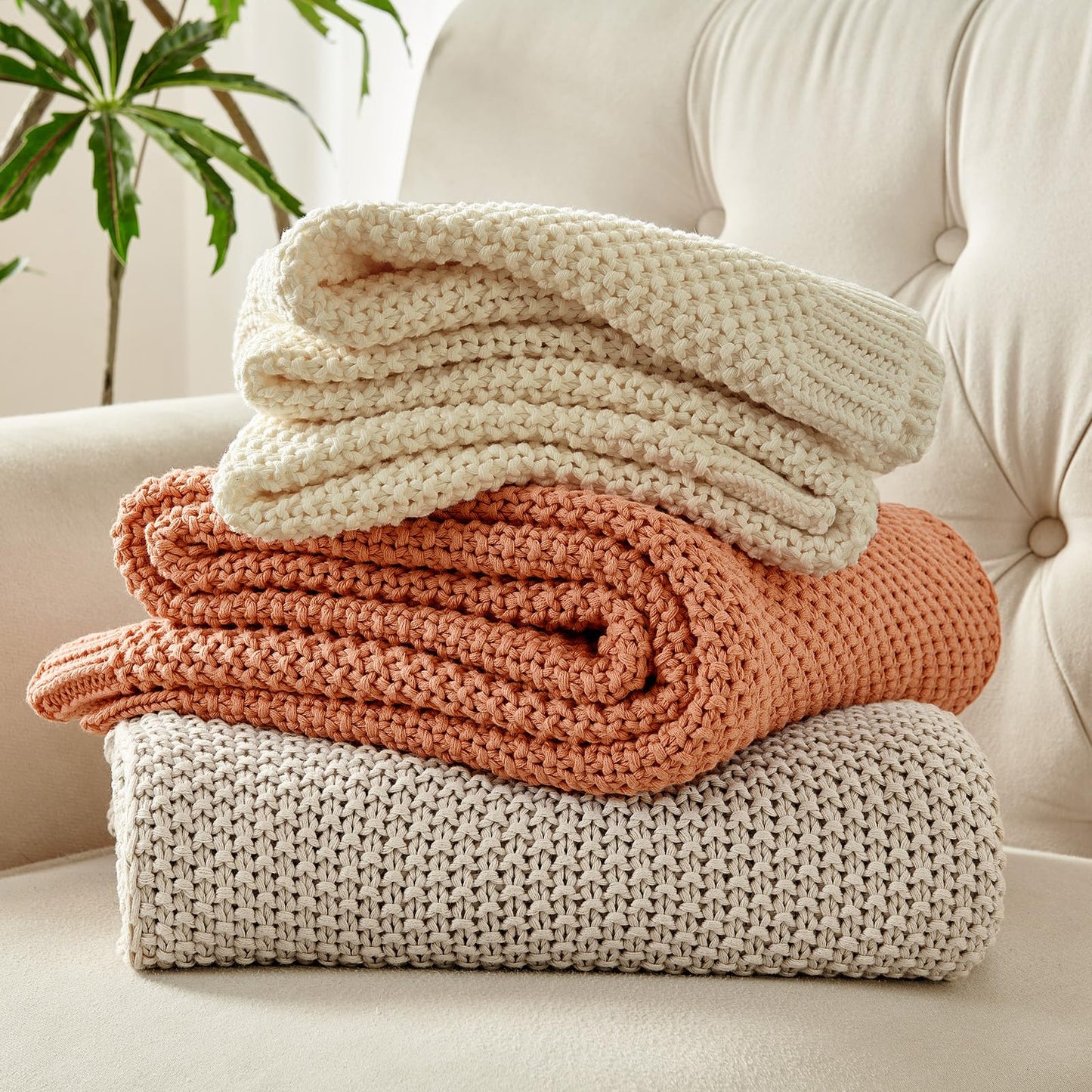 Joydeco Chunky Cable Knit Throw Blanket, Lightweight 100% Organic Cotton Soft Cozy Throw Twin Blanket for Couch Bed and Sofa, Rustic Breathable Farmhouse Blanket Gift for Women Men(Beige, 60"x80")