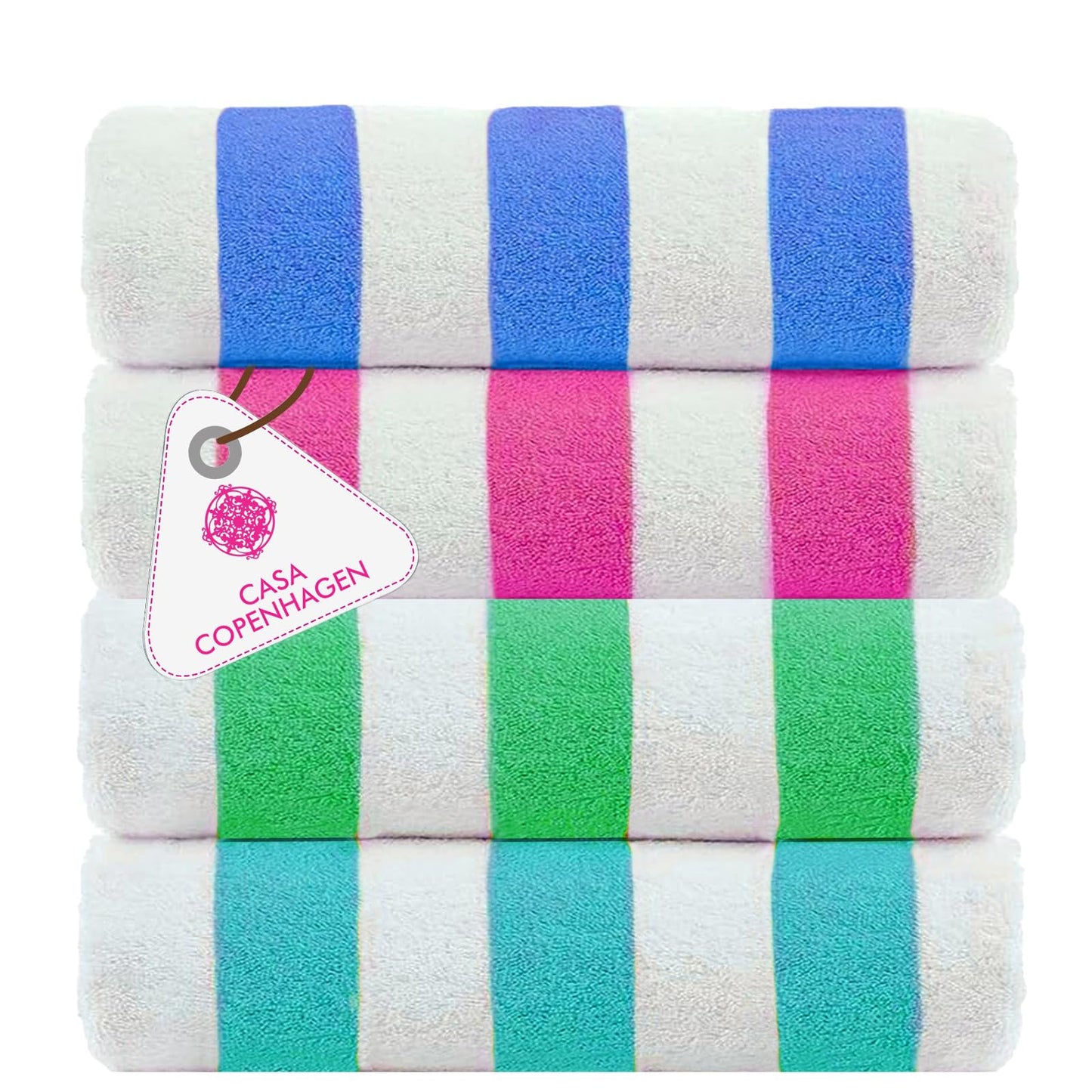Casa Copenhagen Cabana Towel 4Pcs Teal,Blue,Pink,Green Designer Stripe Beach Towels Gift Set, 30"x60" Oversized 100%Cotton Pool Bath Towel for Beach Gift Set (Perfect Summer Gift Set For Women & Men)