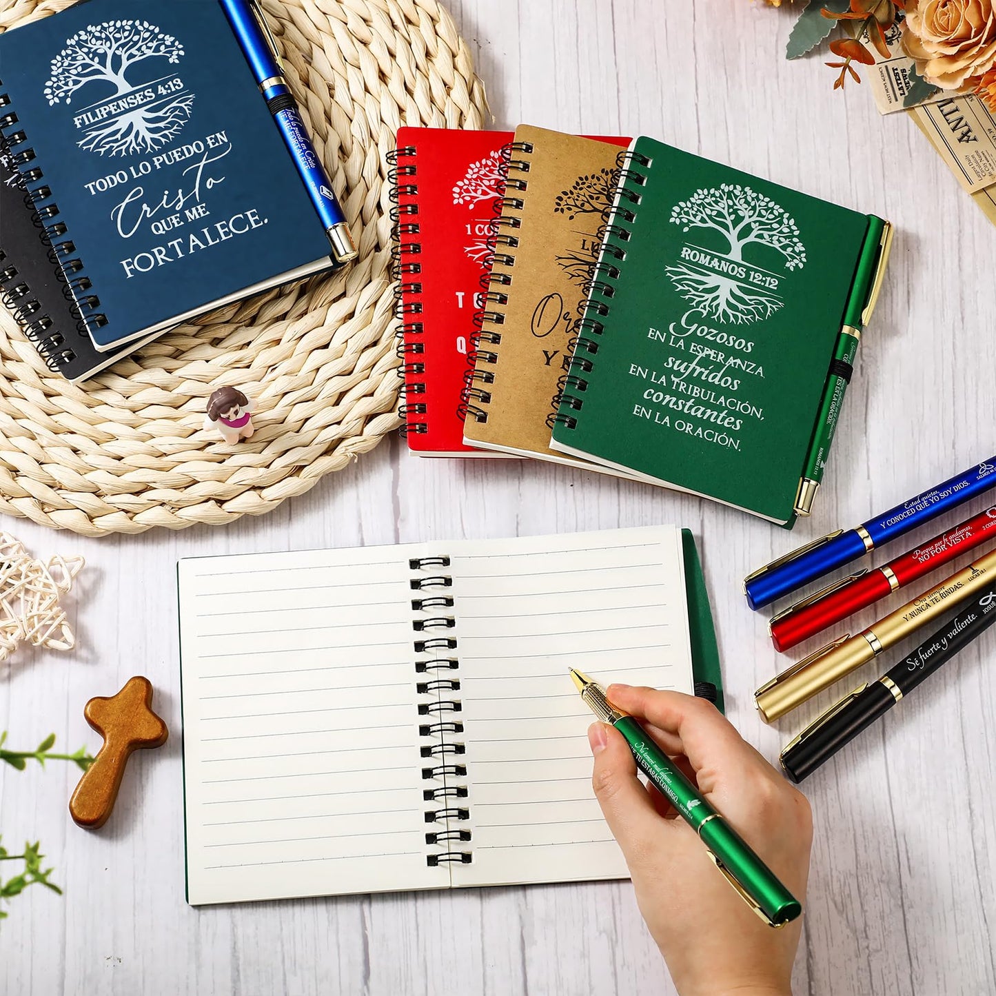 Sinload 40 Pcs/ 20 Set Father's Day Christian Gifts Bulk Prayer Journal Spiral Notebooks with Bible Verse Pen Tree of Life Scripture Notepad for Religious Church Men Dad Women (40, Spanish Classic)