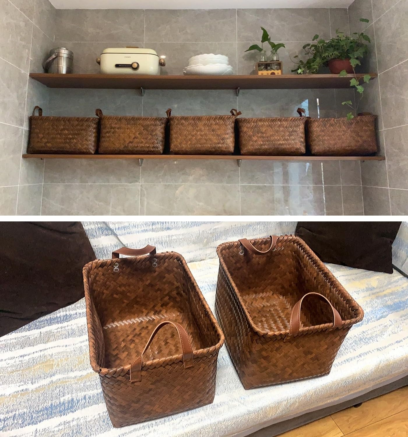 GIB Large Wicker Storage Baskets for Shelves, Woven Baskets for Organizing Blanket Clothes, Laundry Closet Storage Bins Organizer with Handles, Brown, 4 Pack