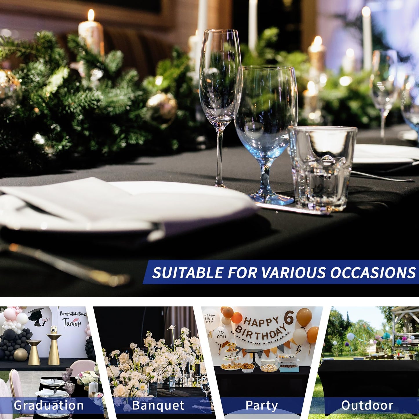 Fixwal 3 Pack Black Tablecloth Rectangle 8Ft, Stretch Spandex Fitted Table Cover for Party, Trade Show, Wedding, Buffet, Graduation, Vendor Stand