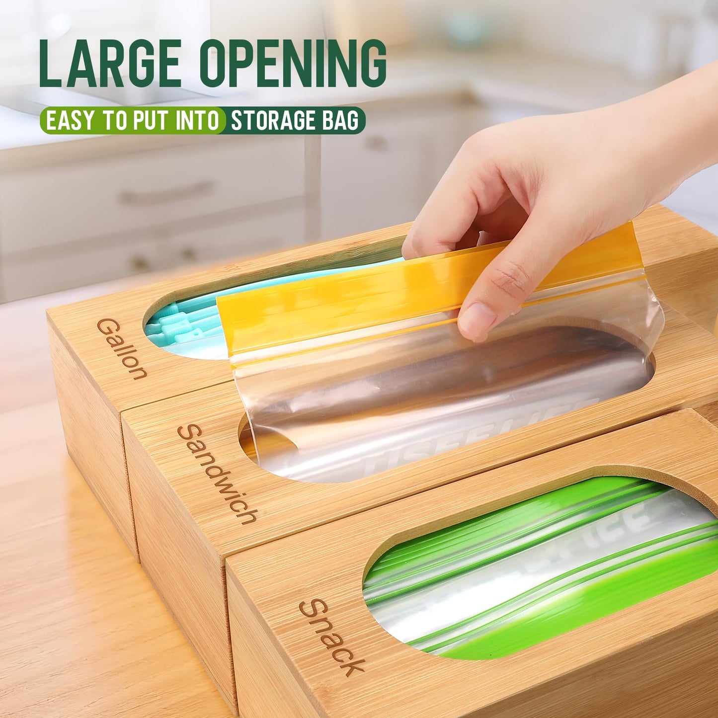 Gamtik Individual Storage Bag Organizer for Kitchen Drawer, Bamboo with Foil and Plastic Wrap Organizer for Kitchen Organizers and Storage, for Gallon, Quart, Sandwich, Snack