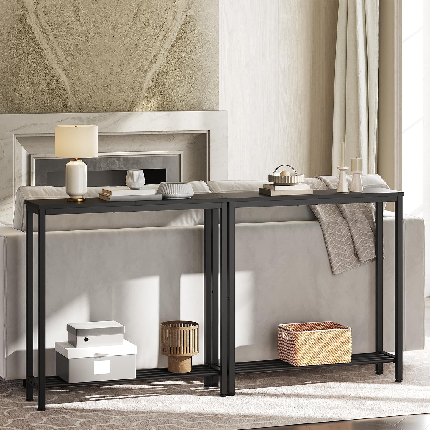 YATINEY Narrow Console Table, 2-Tier Small Sofa Table, 29.5" Thin Entryway Behind Couch Table with Shelves, Industrial Hallway Table, for Living Room, Foyer, Black CT03BB