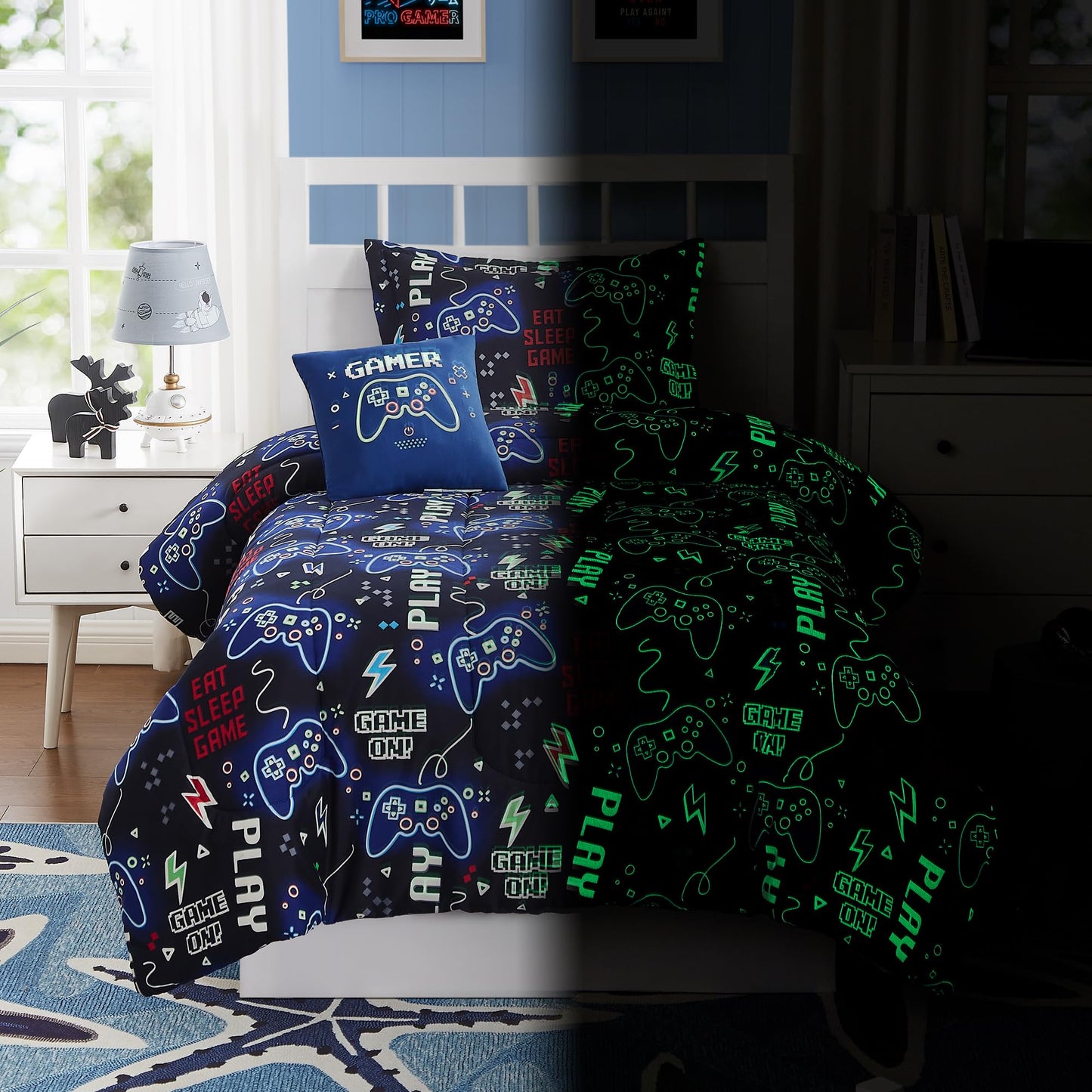 Kaleido Space Kids Comforter Set Full Size for Boys, Glow in The Dark Gamer Bedding Set 1 Comforter, 1 Decor Pillow, 2 Pillow Shams