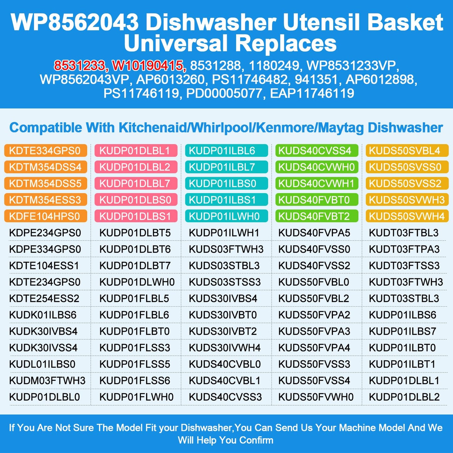 【UPGRADED】WP8562043 8531233 Dishwasher Silverware Basket,For Kitchenaid Whirlpool Dishwasher Utensil Basket Replacement,Universal Dishwasher Cutlery Basket Holder W10190415 WDT730PAHZ0 KDTM354DSS4