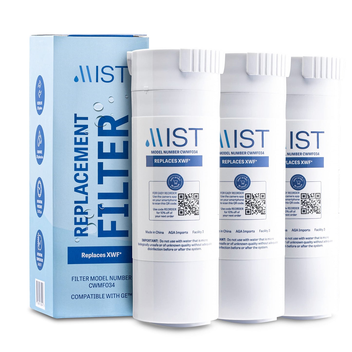 Mist XWF Water Filter Replacement for GE, Refrigerator Water Filter compatible with GWE19JSLSS, WR17X30702, GBE21, GDE21, GDE25, GFE24 (Not XWFE) GE XWF (3 pack)