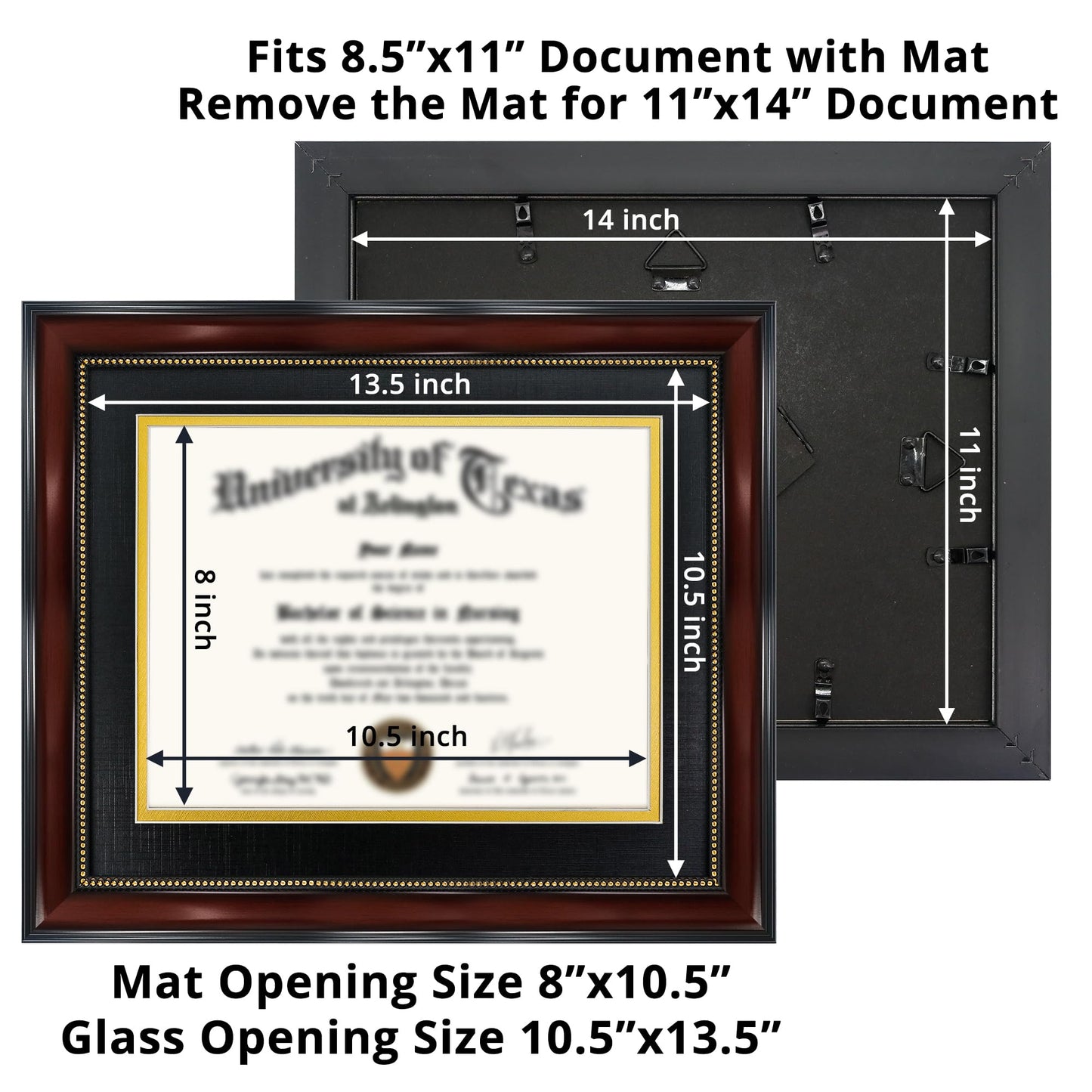 GraduationMall 8.5x11 Diploma Frame with Black over Gold Mat or Display 11x14 Document without Mat, UV Protection Acrylic, Mahogany with Gold Beads, Set of 2