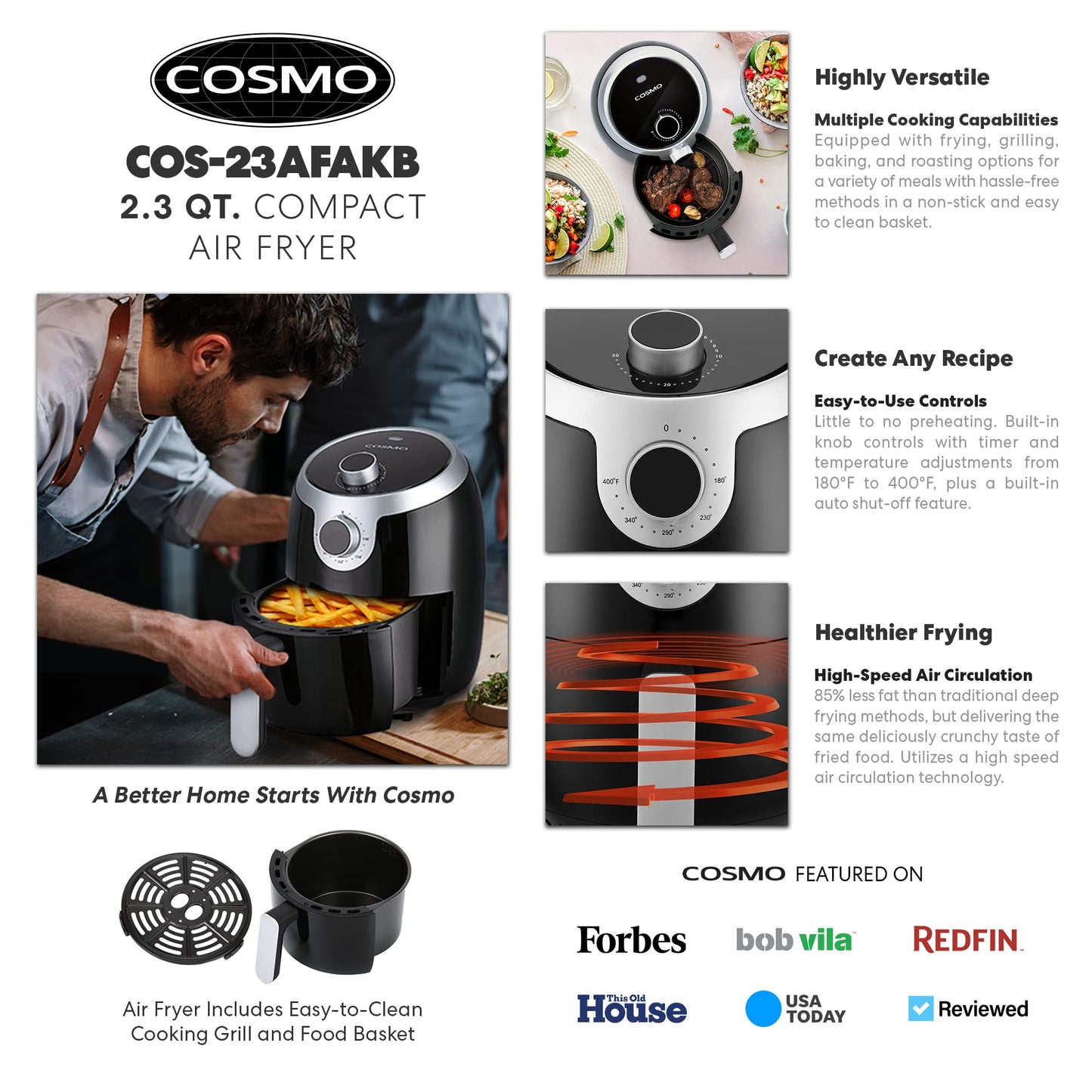 COSMO COS-23AFAKB 2.3 Quart Electric Small Air Fryer with Temperature Control, Timer, Auto Shut-Off, Non-Stick Frying Tray, 1000W Compact Mini Air Fryer (2.3 Quarts, Stainless Steel/Black)