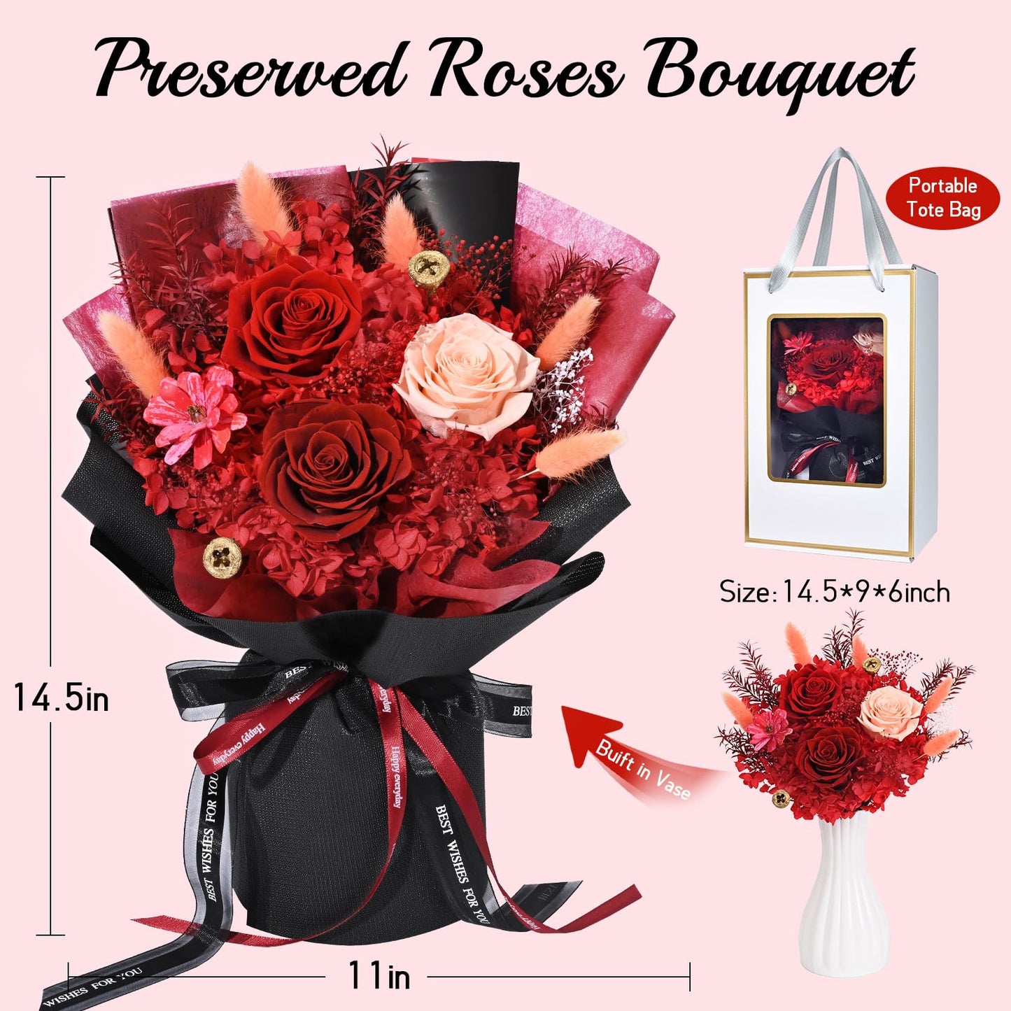 Mothers Day Flowers for Mom, Mothers Day Gifts, Flowers for Delivery Prime, Preserved Eternal Forever Red Roses Bouquet Birthday Gifts for Women Gf Gifts Wedding Anniversary