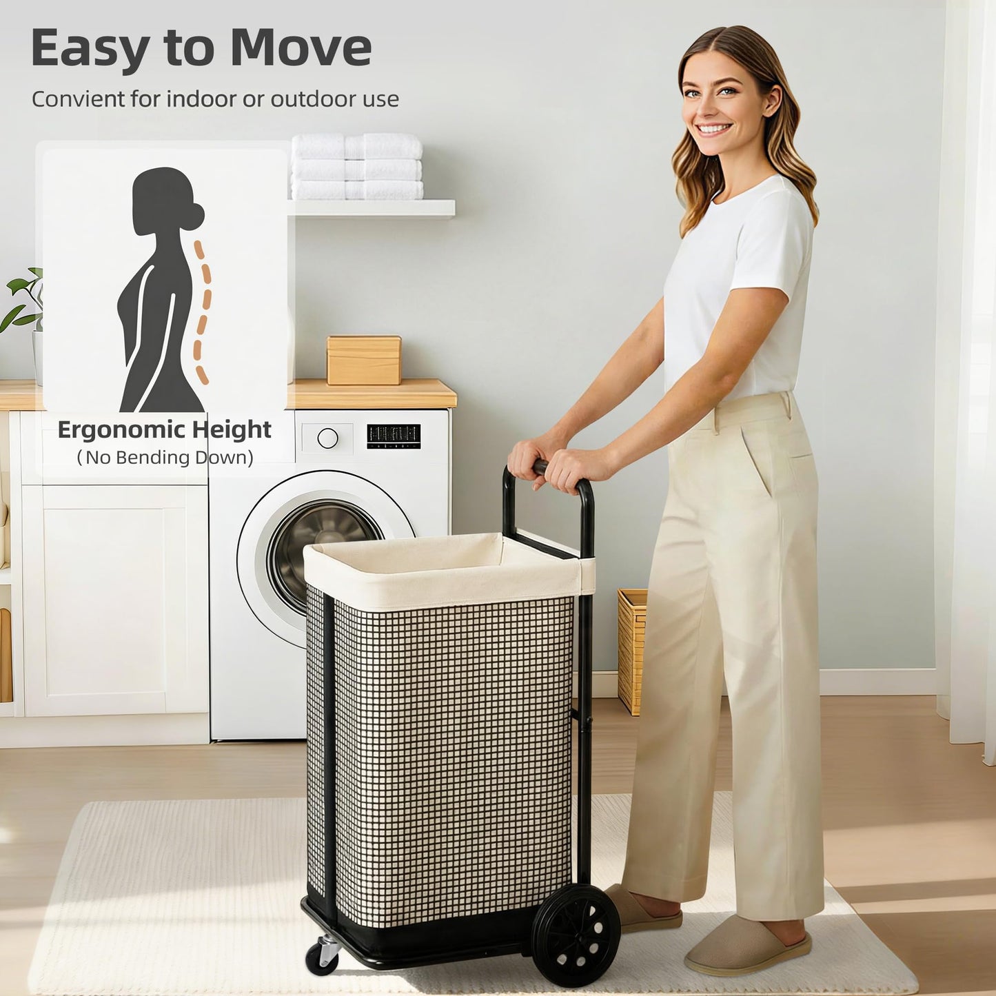 STORAGE MANIAC Rolling Laundry Cart with Wheels 37.4"H Laundry Hamper with Removable and Washable Canvas Liner Heavy Duty Laundry Basket Sorter Utility Cart Steel Frame for Clothes & Groceries, Beige