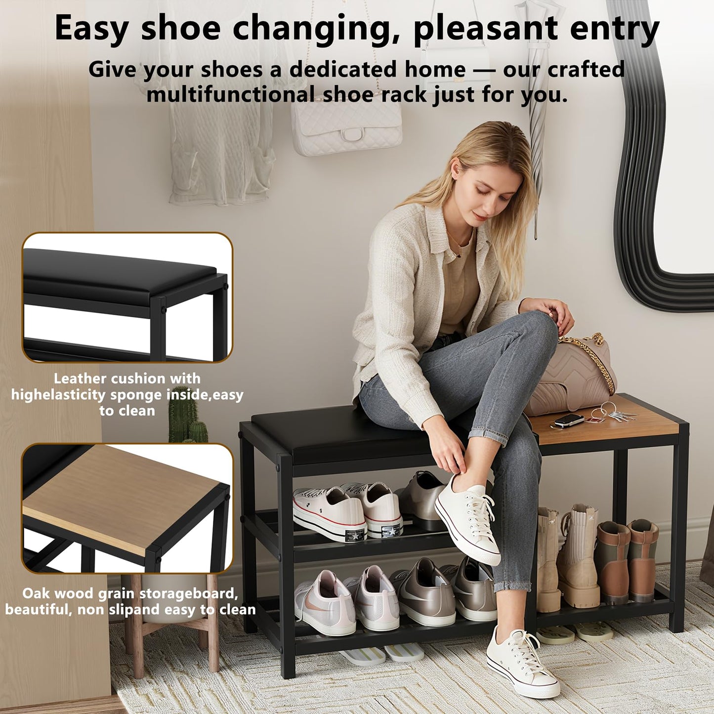 SHGJYANDF Shoe Bench,Shoe Organizer，Holds Up to 570 lb，12 x 30.7 x 17.3Inches，3-Tier Shoe Storage Bench,Entryway Bench with Cushioned Seats,for Shoe Rack in The Bathroom,Entryway,Bedroom,Living Room