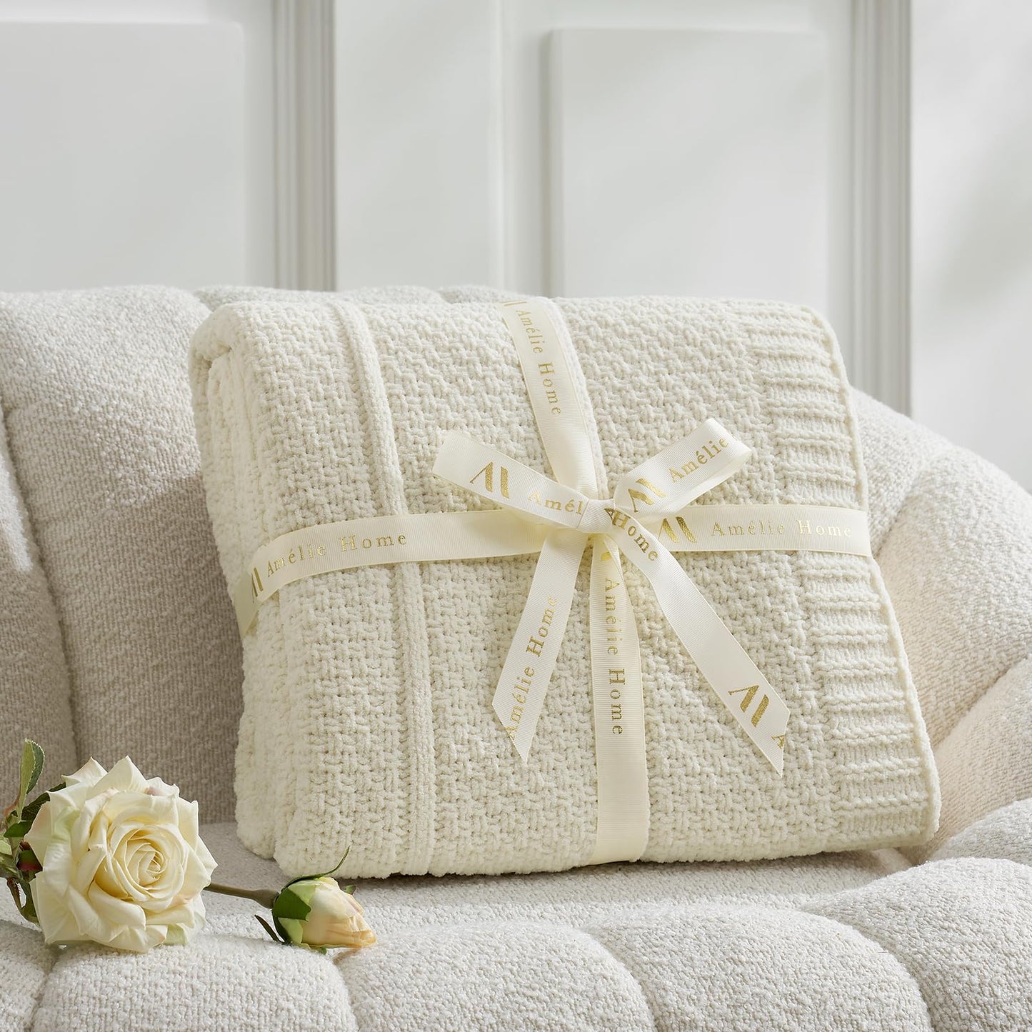 Amélie Home Premium Chenille Throw Blanket, Soft Cozy Moss Stitch Knit Blanket for Couch, Sofa, Chair, Home Decor, Cream White 50"x60"