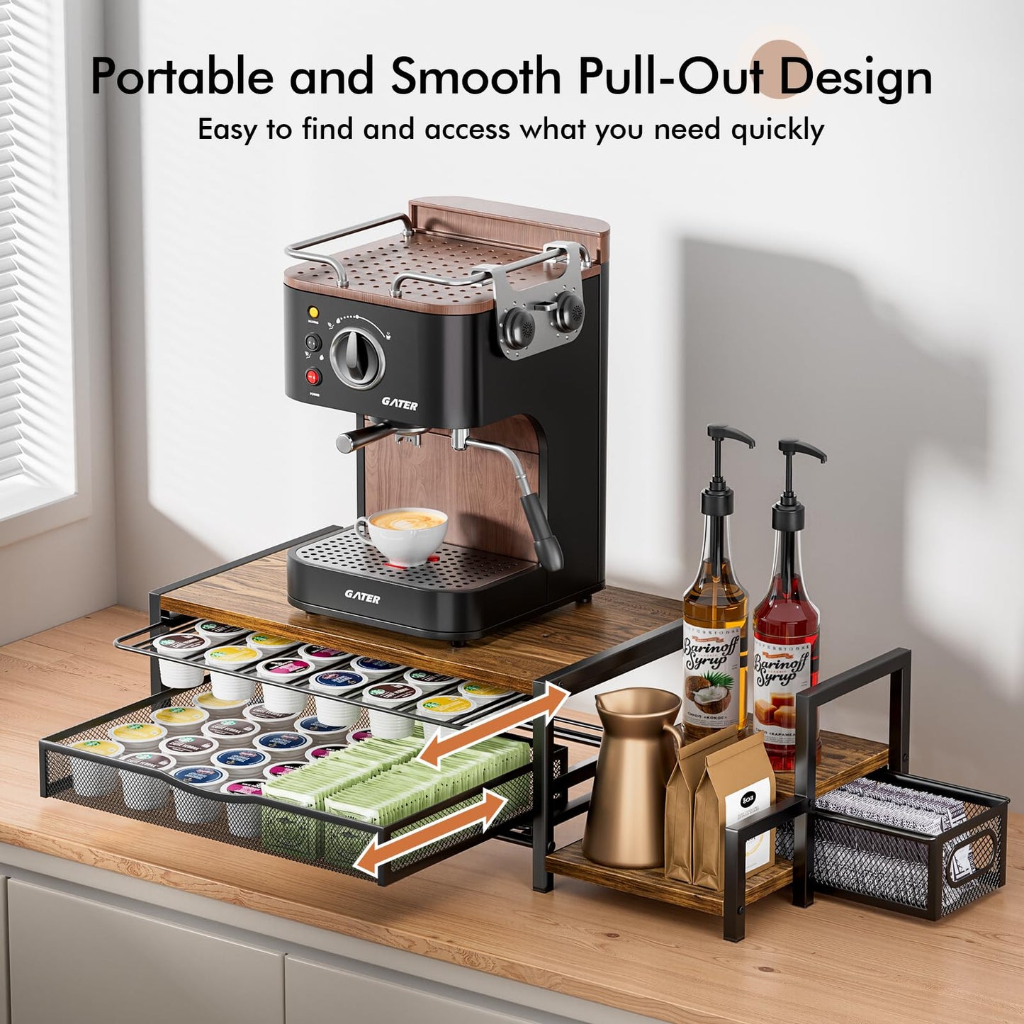 Kssiaz K Cup Holder, 2-Tier Coffee Pod Holder for 48 Pods, K Cup Drawer Organizer with Sliding Storage Drawer, Coffee Bar Station Organizer for Countertop, Space Saving, Home & Office, Brown