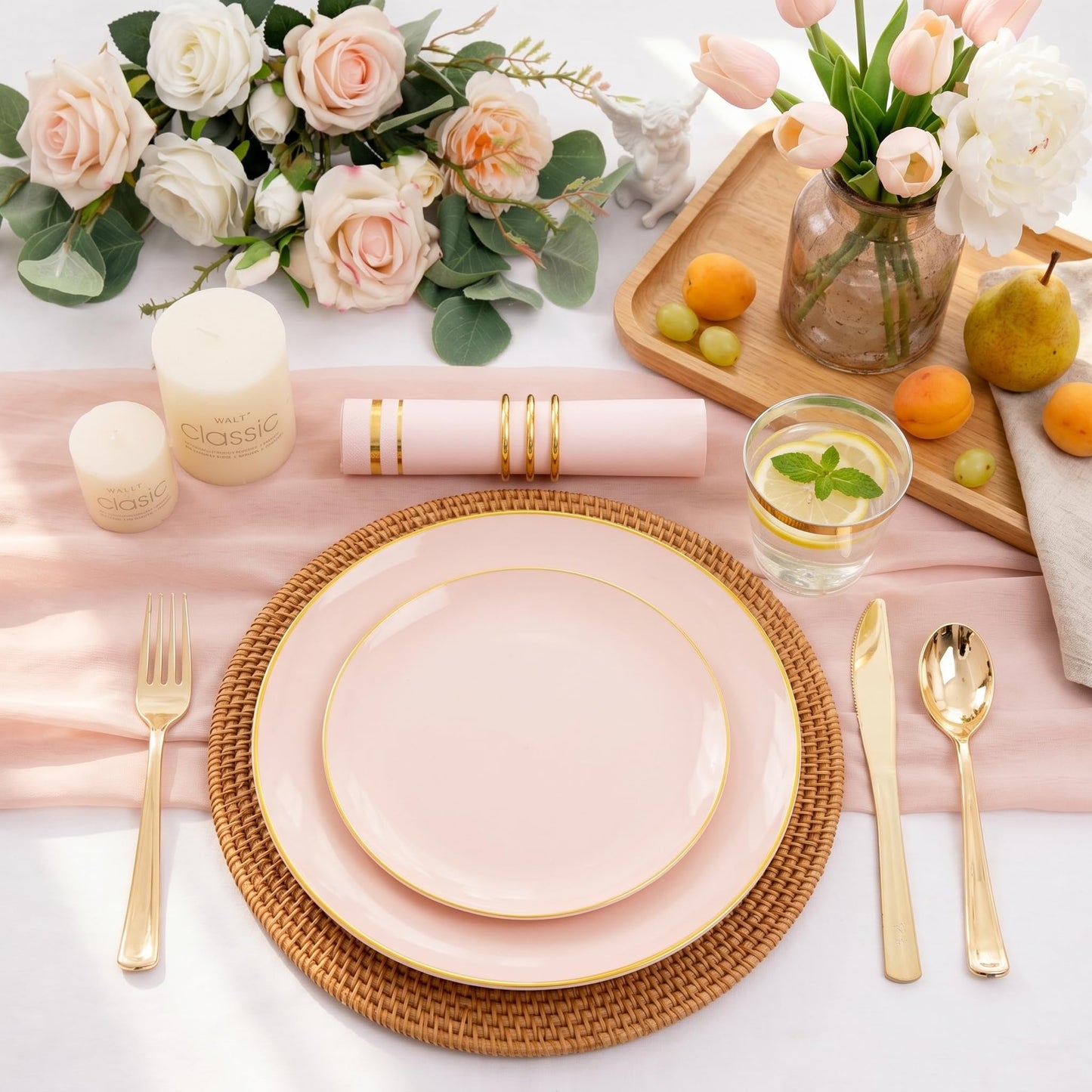 NOCCUR 350PCS Pink Plates Disposable - Pink Gold Plastic Dinnerware Set for 50 Guests Include 100 Dinner/Dessert Plates,150 Cutlery,50 Cups&50 Napkins - Ideal for Party/Wedding/Mother's Day
