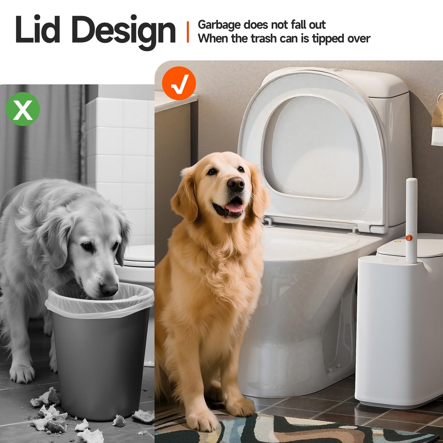 CTIME Bathroom Trash can Set, 2 Gallon White Small Trash Can with Lid, Disposable Toilet Brush, Storage Caddy and 12 Refills, Slim Garbage Can for Bathroom, RV