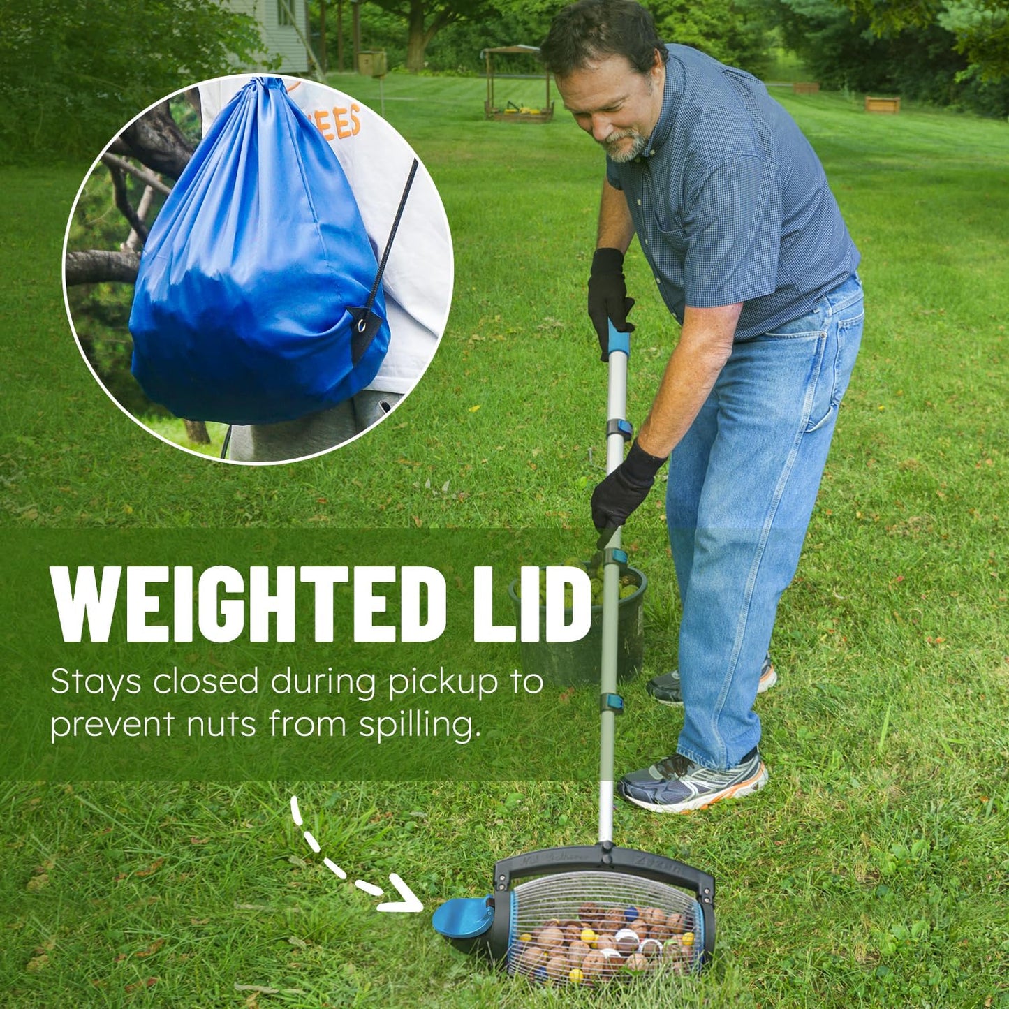 Zozen Nut Gatherer, Pecan Picker Upper, Walnut Picker Upper Roller, Directly Dump Outlet/Also Apply to Hickory Nuts, Chestnuts, Buckeyes, Golf, Butternuts, Objects Size 3/4'' to 2''; 1.5 Gallon