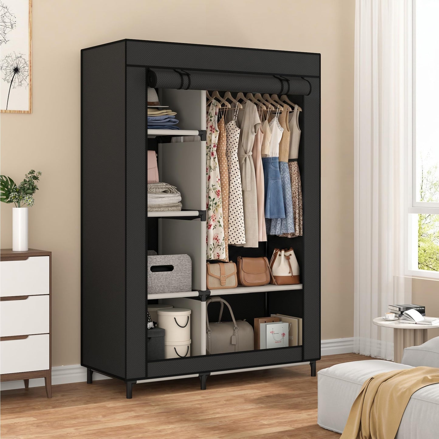 Calmootey Portable Closet Organizers, Clothing Storage, Wardrobe with 6 Shelves and Hanging Rod, Non-Woven Fabric Cover with 4 Side Pockets, Black